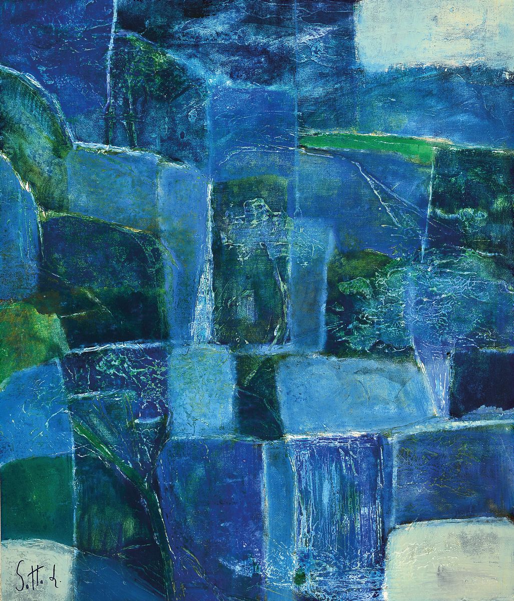 Lucien Sotto, zeitgenössischer italienischer Künstler, Abstrakte Komposition in Blau, Öl/Hartfaser, links unten sign., Rahmen, gesamt ca. 83x72 cm