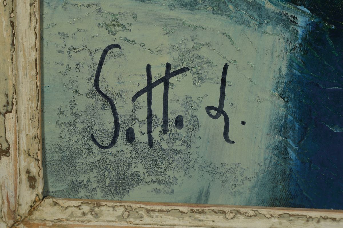 Detail a: Lucien Sotto, zeitgenössischer italienischer Künstler, Abstrakte Komposition in Blau, Öl/Hartfaser, links unten sign., Rahmen, gesamt ca. 83x72 cm