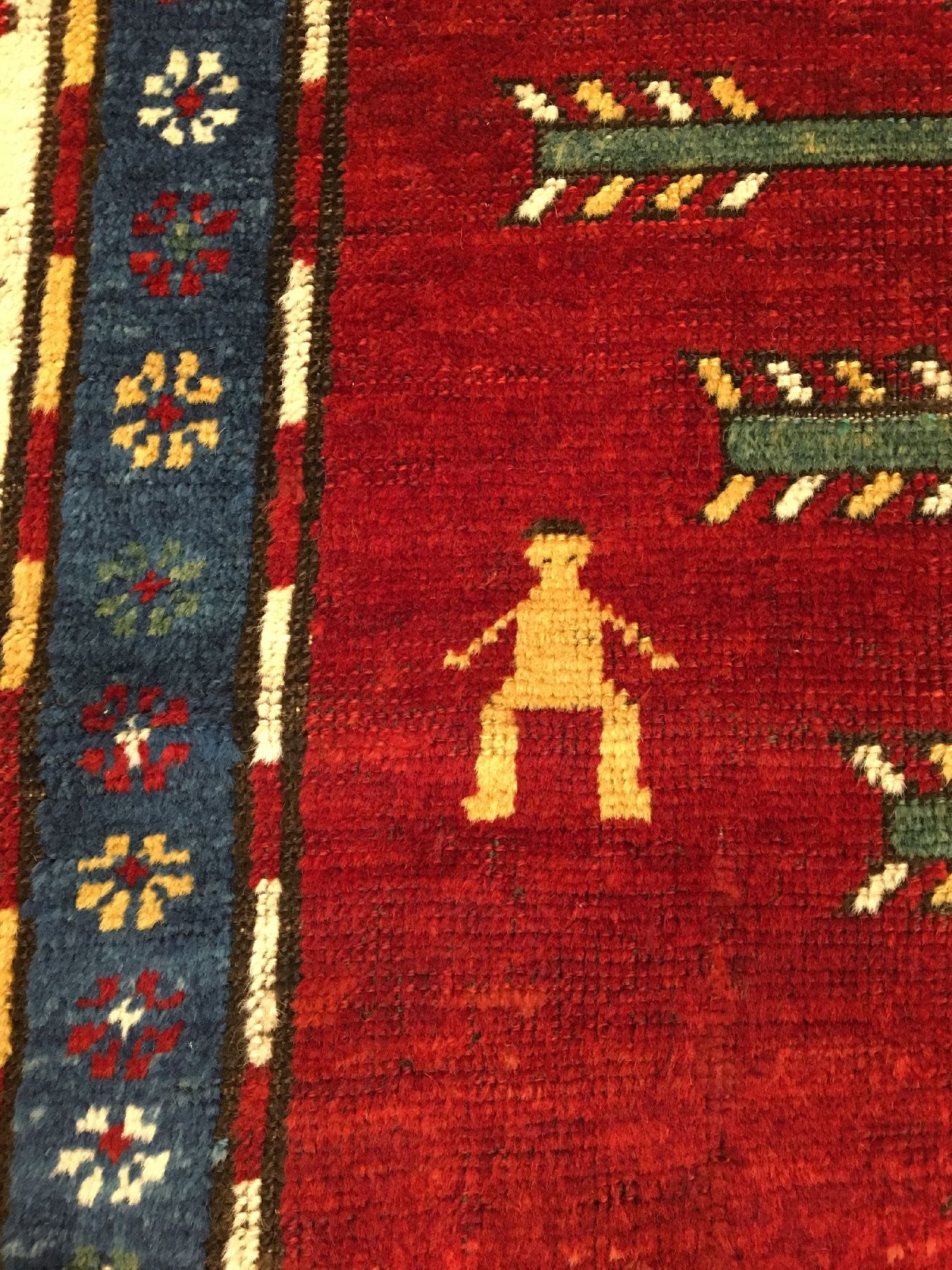 Detail g: Seltener Baum Kasak antik, Südwestkaukasus, 19.Jhd., Wolle geknüpft auf Wolle. Zwei grüne und ein indigoblauer Baum belegen klassisch den ...