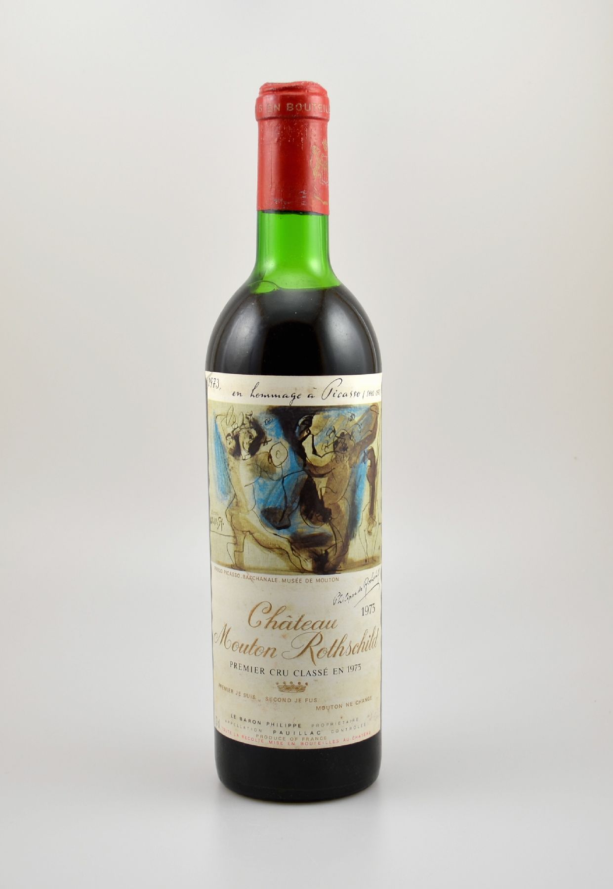 1 Flasche 1973 Chateau Mouton Rothschild, Pauillac, Premier Grand Cru Classe, ca. 73 cl,Füllstand: ca. upper mid shoulder, Etikett l. beschmutzt, ...
