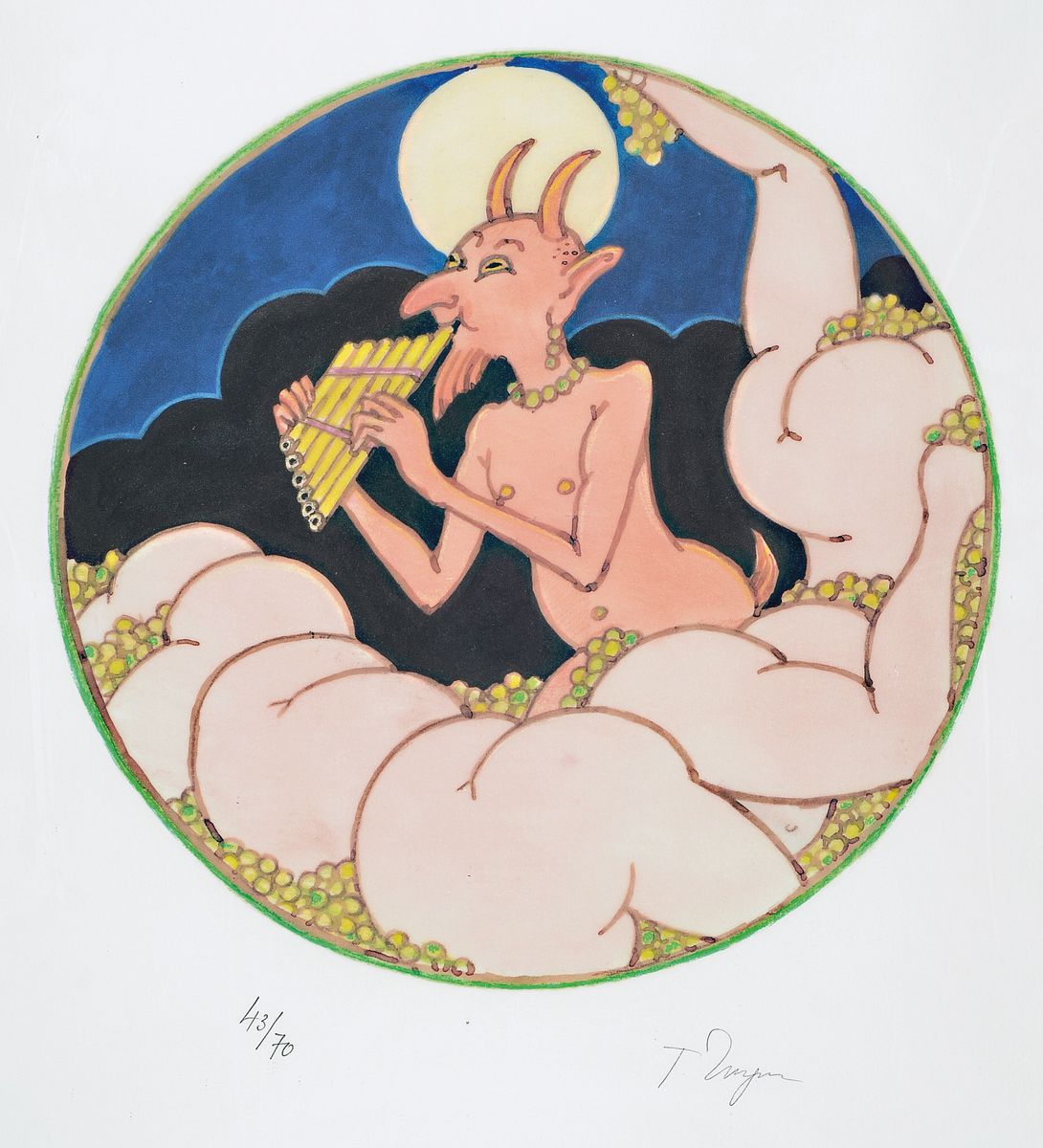 Tomi Ungerer 1931-2019, Farblithografie, handsign., num. 43/70, Motiv runt Durchmesser 42, unter Glas gerahmt ca. 74x54 cm