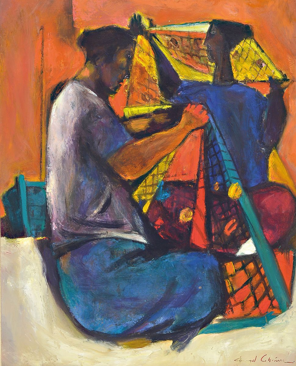 Angel Chavez, 1929-1995, zwei Frauen mit Netzen, Öl/Lwd, rechts unten signiert, ca. 51x41cm/72x62cm, R.