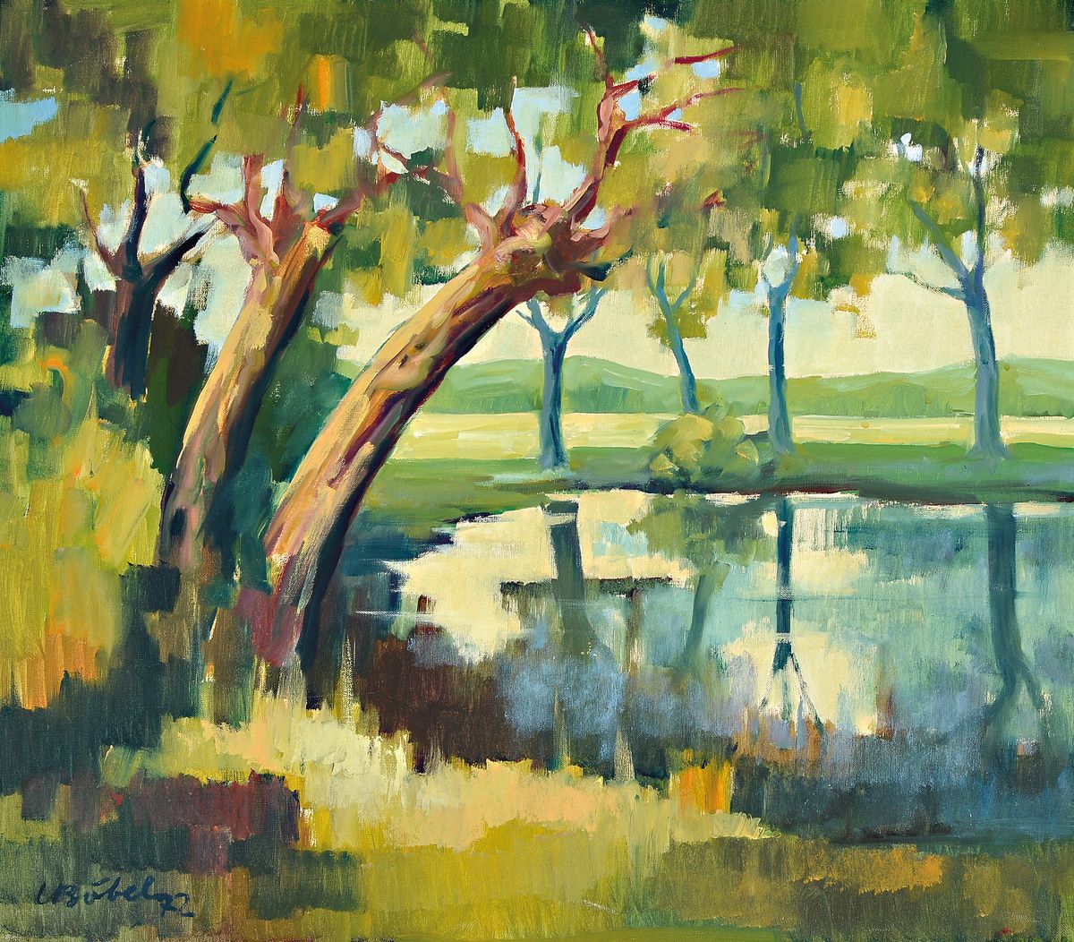 Hermann Böbel, 1918 Ingolstadt-1990 München,Bäume am Teich, Öl/Lwd, links unten signiert und dat. 72, ca. 70x80cm, R.