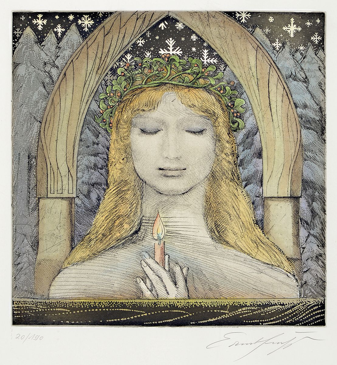 Detail a: Ernst Fuchs, 1930-2015, drei Farbradierungen, alle handsigniert, alle num. 19/190, 20/190 und 24/190, je ca. 34x33cm, PP, u.Gl., R. ca. 61x51cm