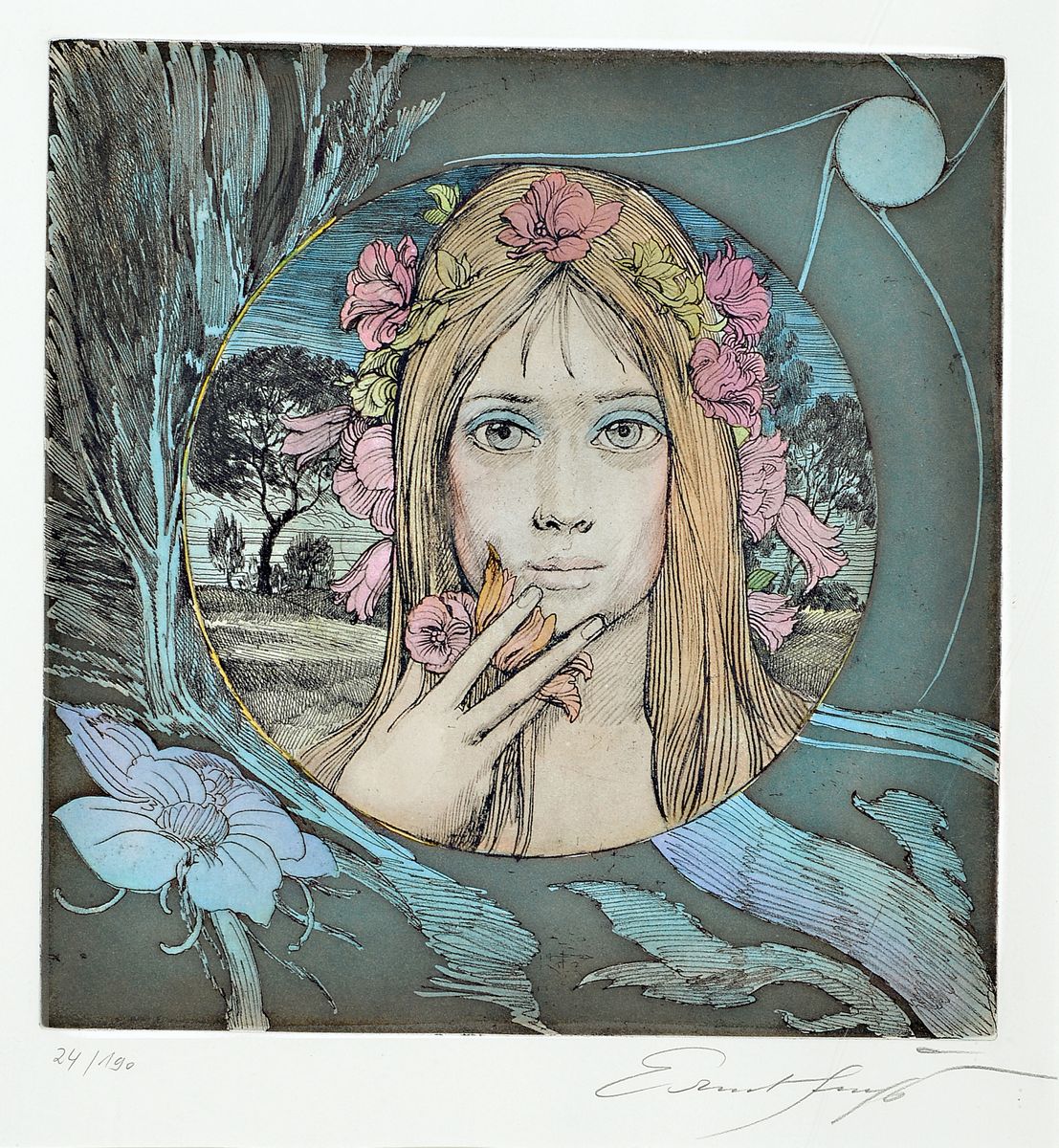 Detail b: Ernst Fuchs, 1930-2015, drei Farbradierungen, alle handsigniert, alle num. 19/190, 20/190 und 24/190, je ca. 34x33cm, PP, u.Gl., R. ca. 61x51cm