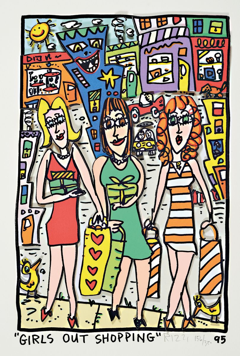 James Rizzi, 1950-2011, Girls out shopping, 3D-Konstruktion, handsign., num. 156/350, dat. 95, Motiv ca. 26x17 cm, Blatt ca. 36x24 cm