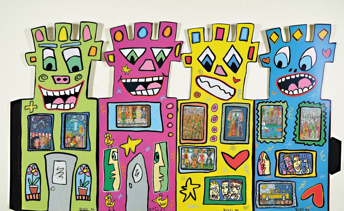 James Rizzi, 1950-2011, "Tower", mit 6 Telefonkarten und Begleitbroschüre, dat. dat. 93, ca. 50x85 cm