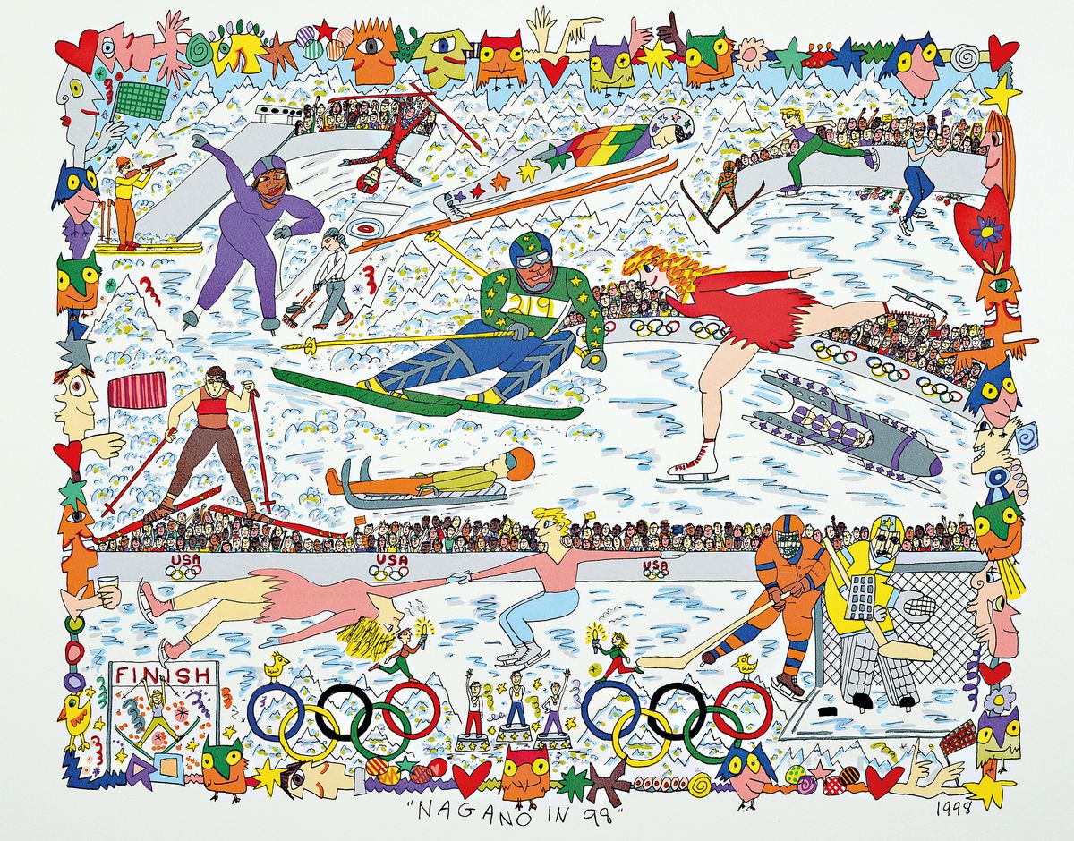 James Rizzi, 1950-2011, "Nagano in 98", Farblithografie, dat. 1998, Blatt ca. 39,5x 48 cm