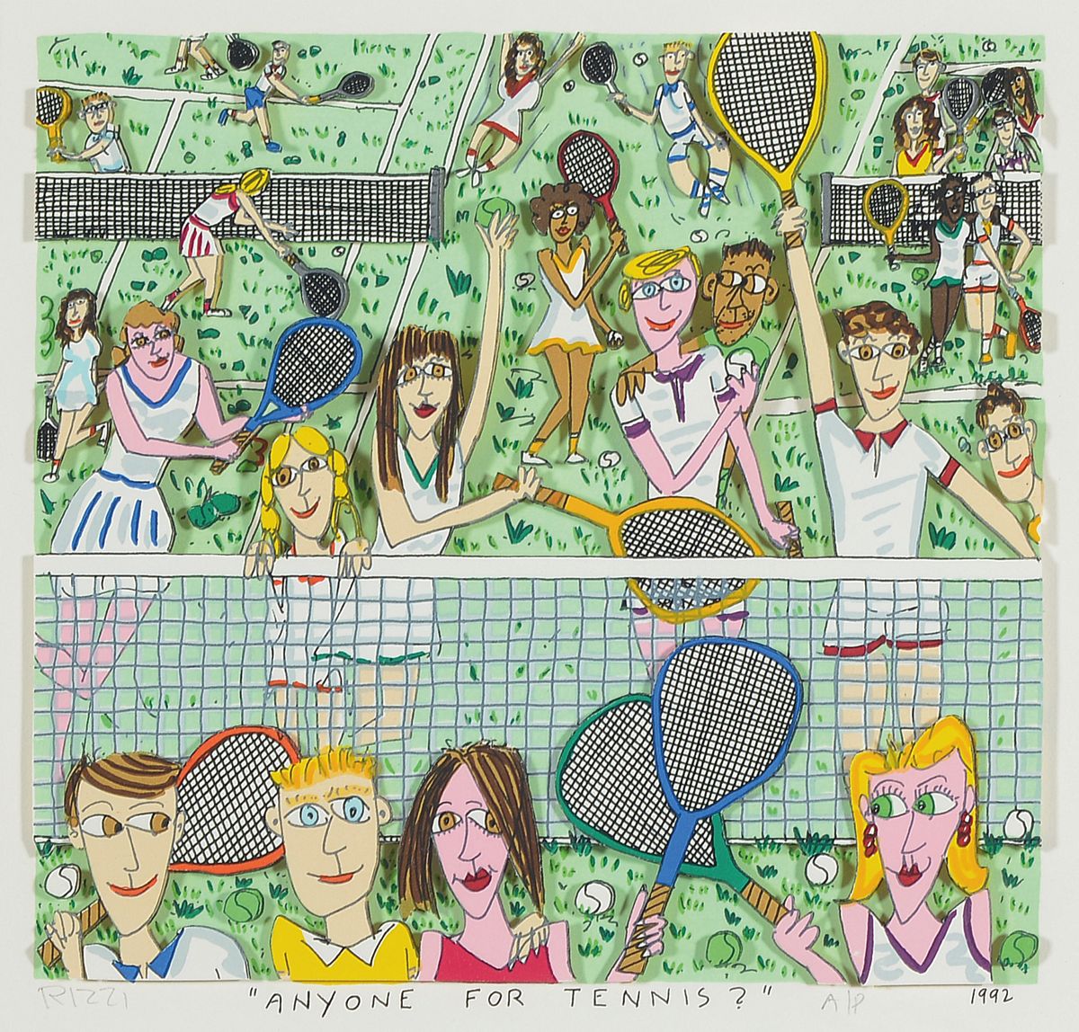 James Rizzi, 1950-2001, 3D Lithographie, Anyone for Tennis?, handsigniert und datiert 1992, unter Glas gerahmt, ca. 27x26cm/ ca. 42x44cm