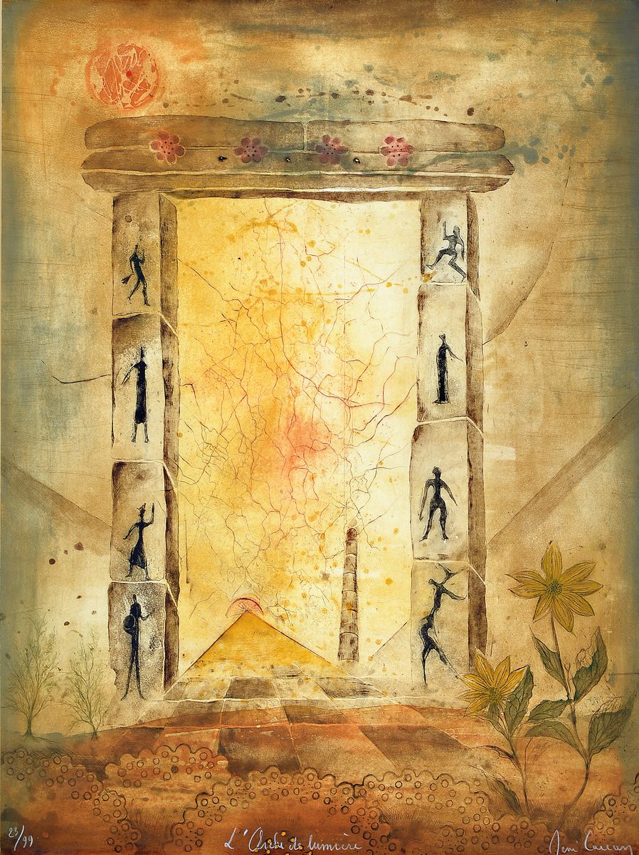 René Carcan, 1925-1993, L'Aube de lumiere, Farbaquatintaradierung, handsigniert, betitelt und num. 23/99, ca. 98x73cm, PP, u.Gl., R. ca. ...
