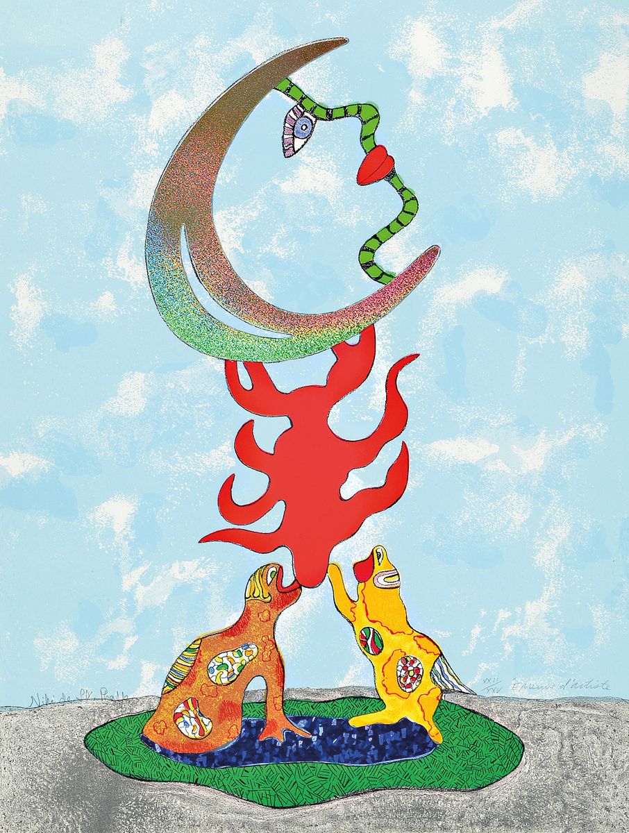 Niki de Saint Phalle, 1930-2002, Ohne Titel,Farblithographie mit Metallfoliendruck, handsigniert und num. XXII/XXV, ca. 75x56cm, PP, u.Gl., R. ca. ...