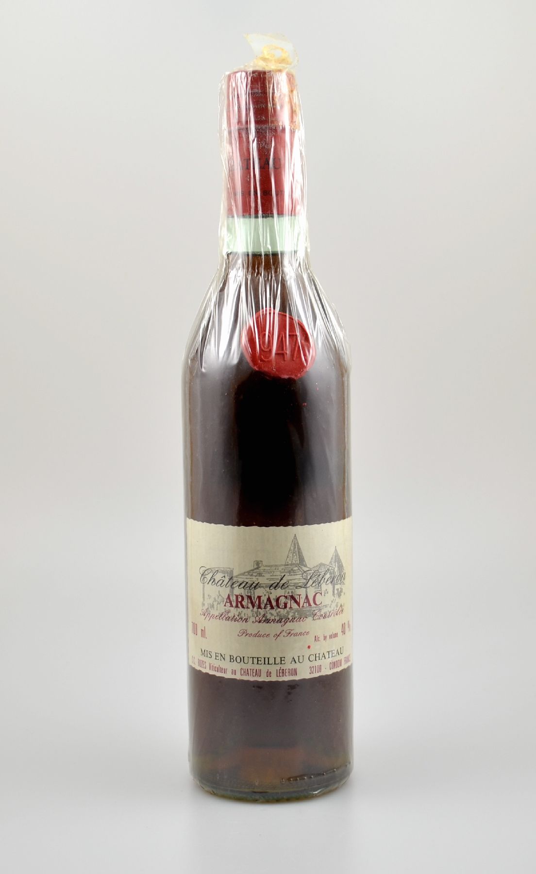 1 Flasche 1947 Chateau de Leberon Armagnac, ca. 70 cl, 40 % Vol., sehr guter Erhaltungszustand, unverkostet, in OHK