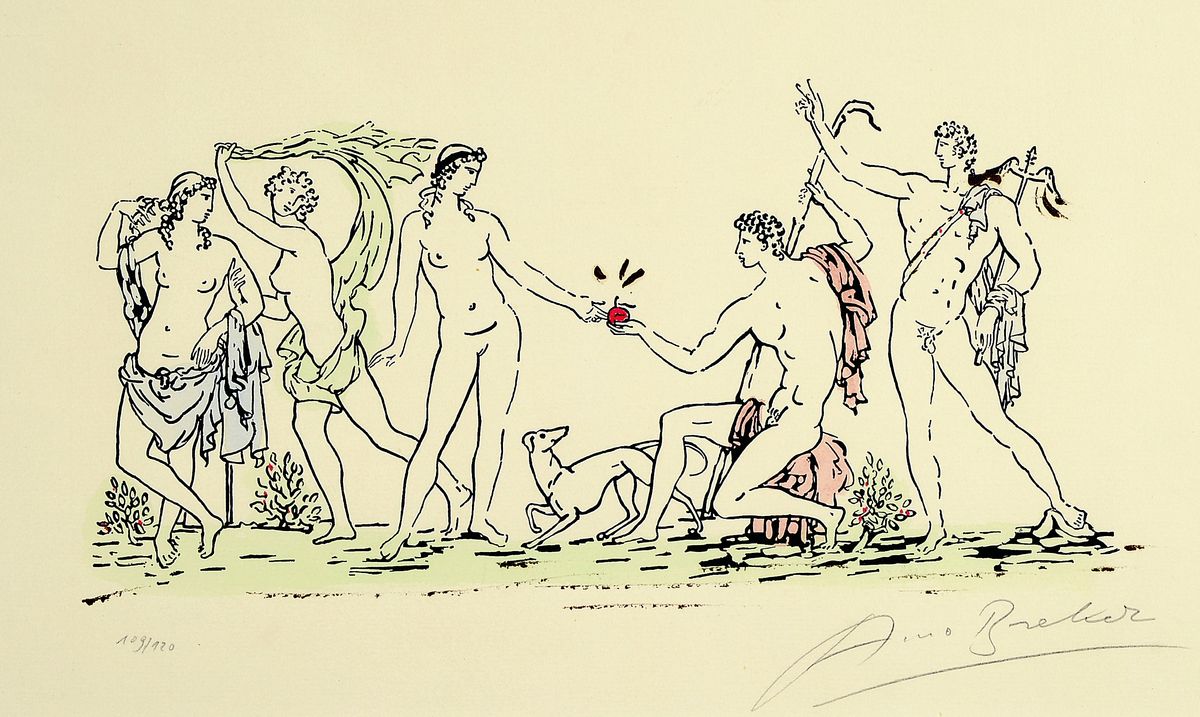 Detail b: Arno Breker, 1900-1991, Das Urteil des Paris, 1977 109/120, und zwei andere Blätter, 109/120 bzw. 17/150 und e.a., ca. 21.5 x 35 cm, unter Glas, ...