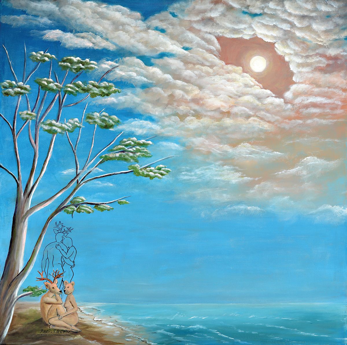 Pari Ravan, 1943 Abadan/Iran - ansässig Saint Jeannet/Nizza, Öl/Lwd., "Metamorphose der Verliebten", verso bezeichnet, signiert, 80 x 80 ...