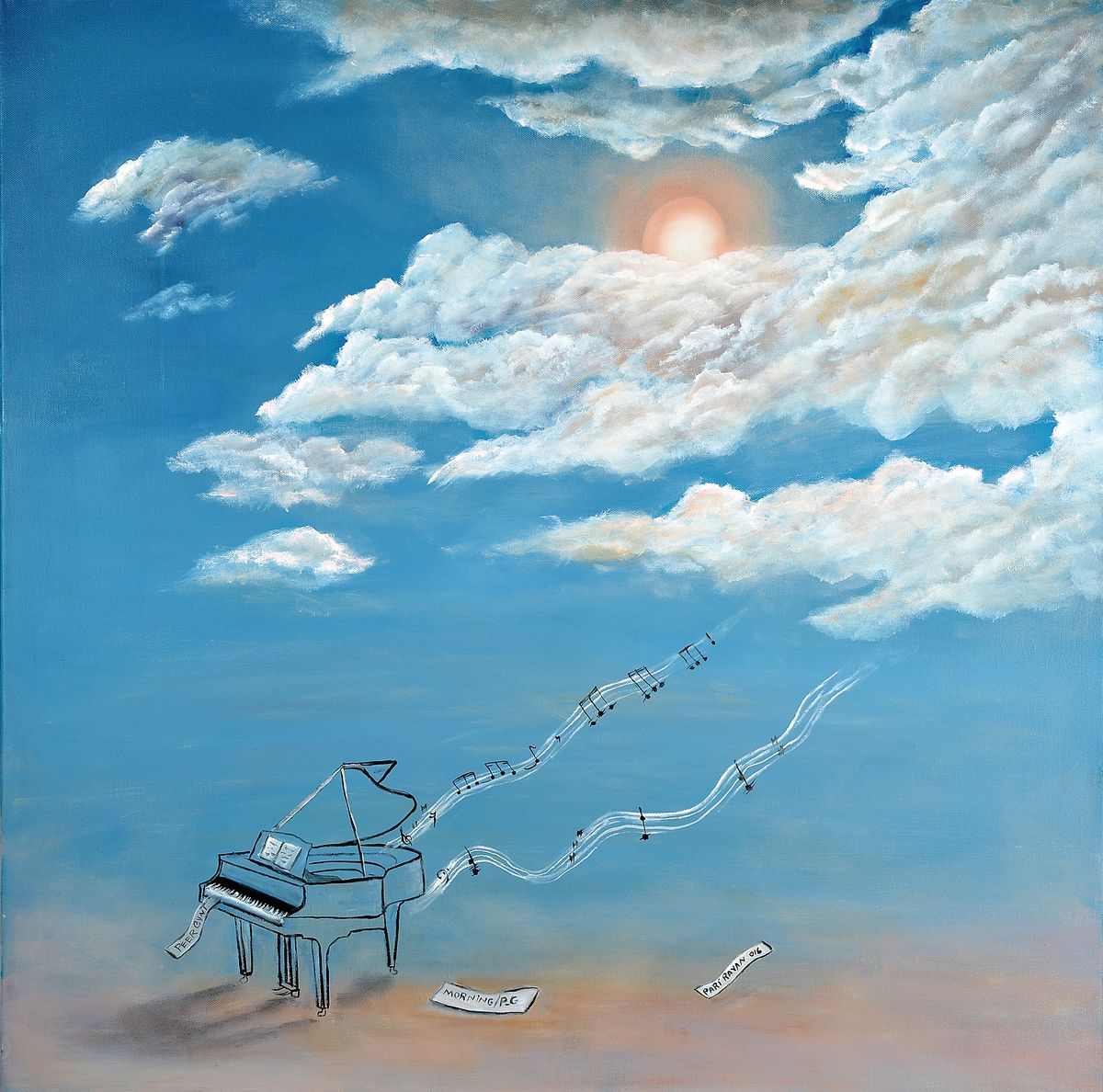 Pari Ravan, 1943 Abadan/Iran - ansässig Saint Jeannet/Nizza, Öl/Lwd., Flügel in Himmelslandschaft, "Morning Peer Gynt", signiert, ca. ...
