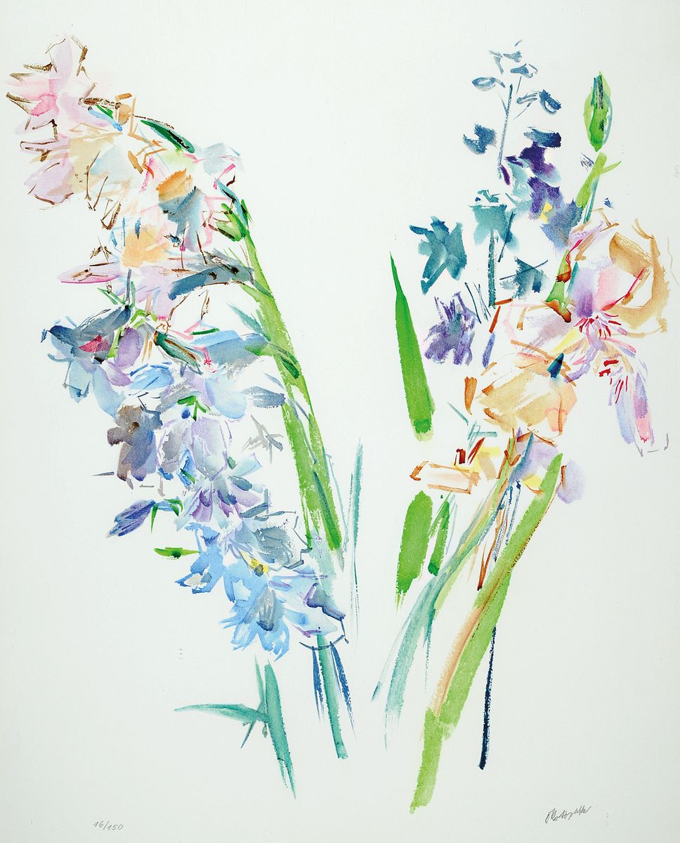Kokoschka 1886-1980, "Gladiolen", Lithografie, handsign., num. 16/150, unter Glas gerahmt, gesamt ca. 80x60 cm
