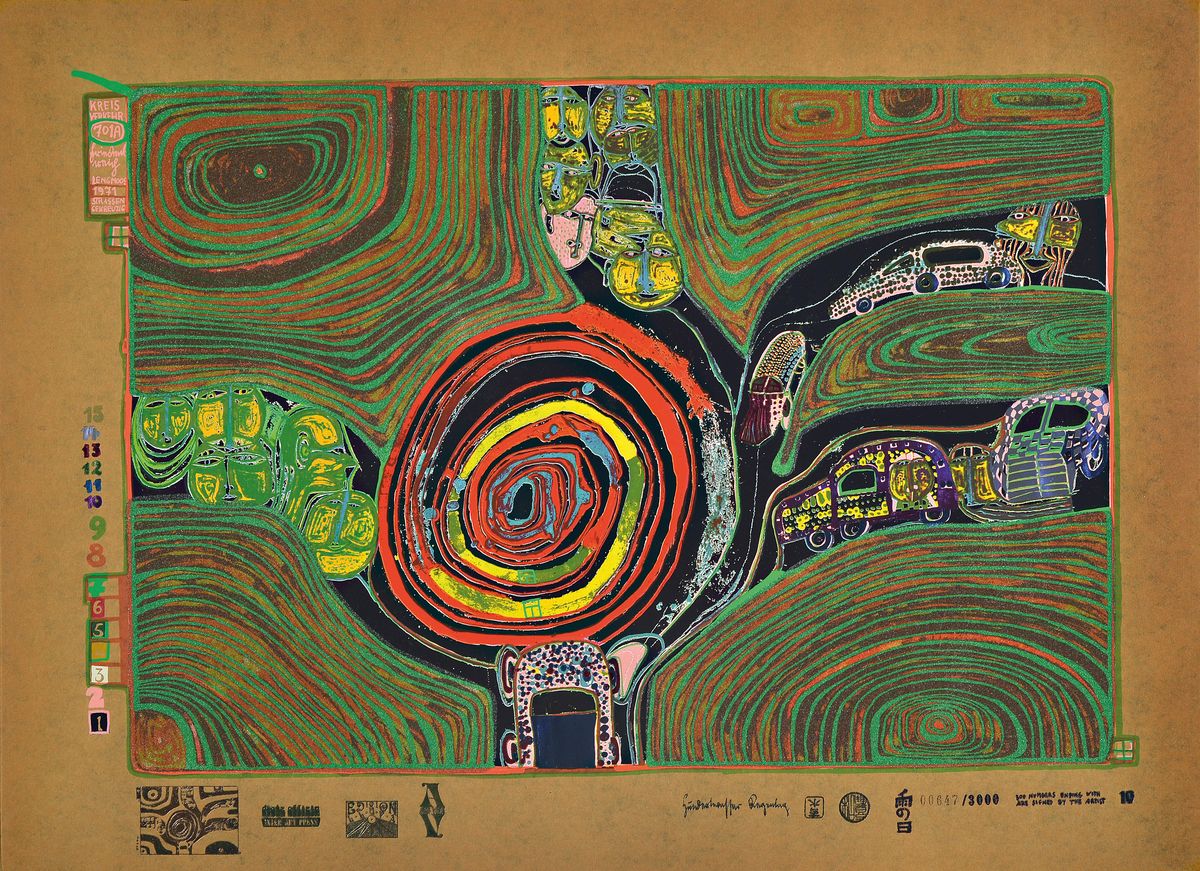 Friedensreich Hundertwasser, 1928-2000, Kreisverkehr, 647/3000, Farbserigraphie mit Metallfolienprägung, ca. 49x 67 cm,unter Glas