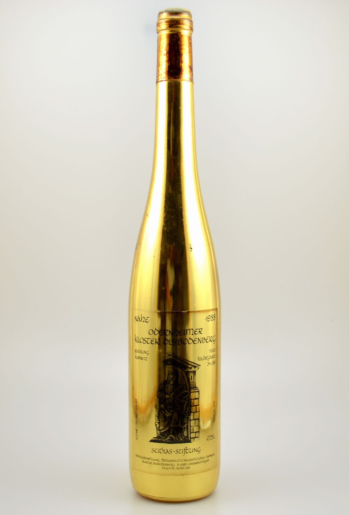 1 Flasche 1988 Riesling, Kabinett Kloster Disibodenberg, in 24 kt Goldummantelung, Scivias-Stiftung, abgefüllt Freiherr von Racknitzsches Weingut, ...