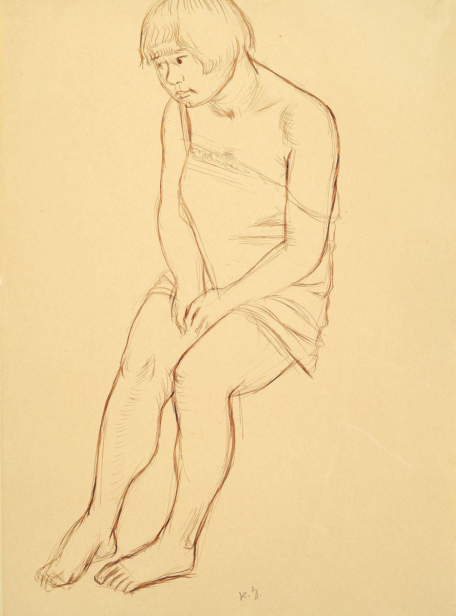 Karl Hubbuch, 1891-1979 Karlsruhe, Sitzende, Tuschfederzeichnung auf Pergament Papier, rechts unten monogrammiert, ca. 43x31cm, knicke und Risse ...