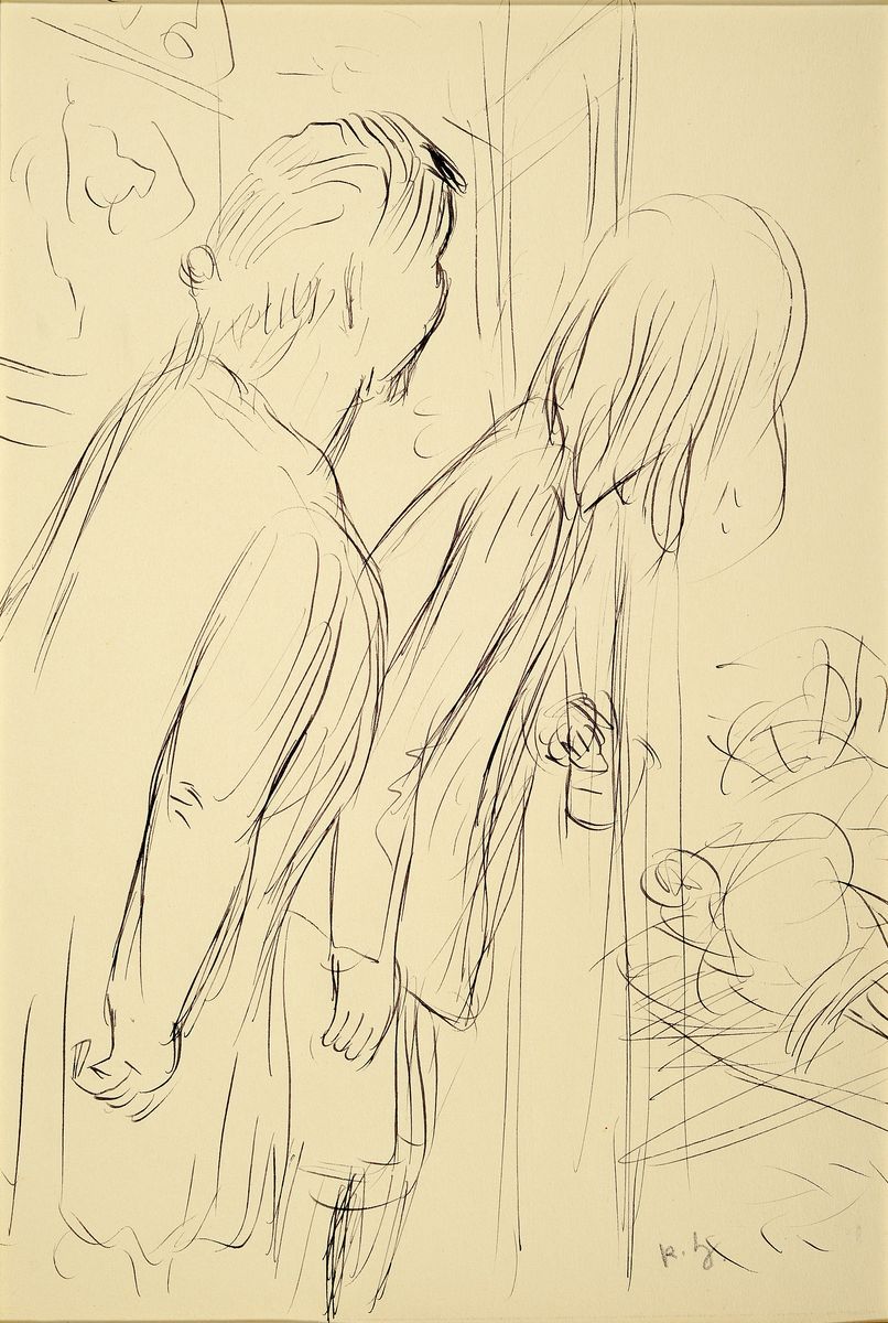 Karl Hubbuch, 1891-1979 Karlsruhe, zwei Frauen schauen aus der Tür, Tuschfederzeichnung auf Papier, rechts unten monogrammiert, ca. 31x22cm