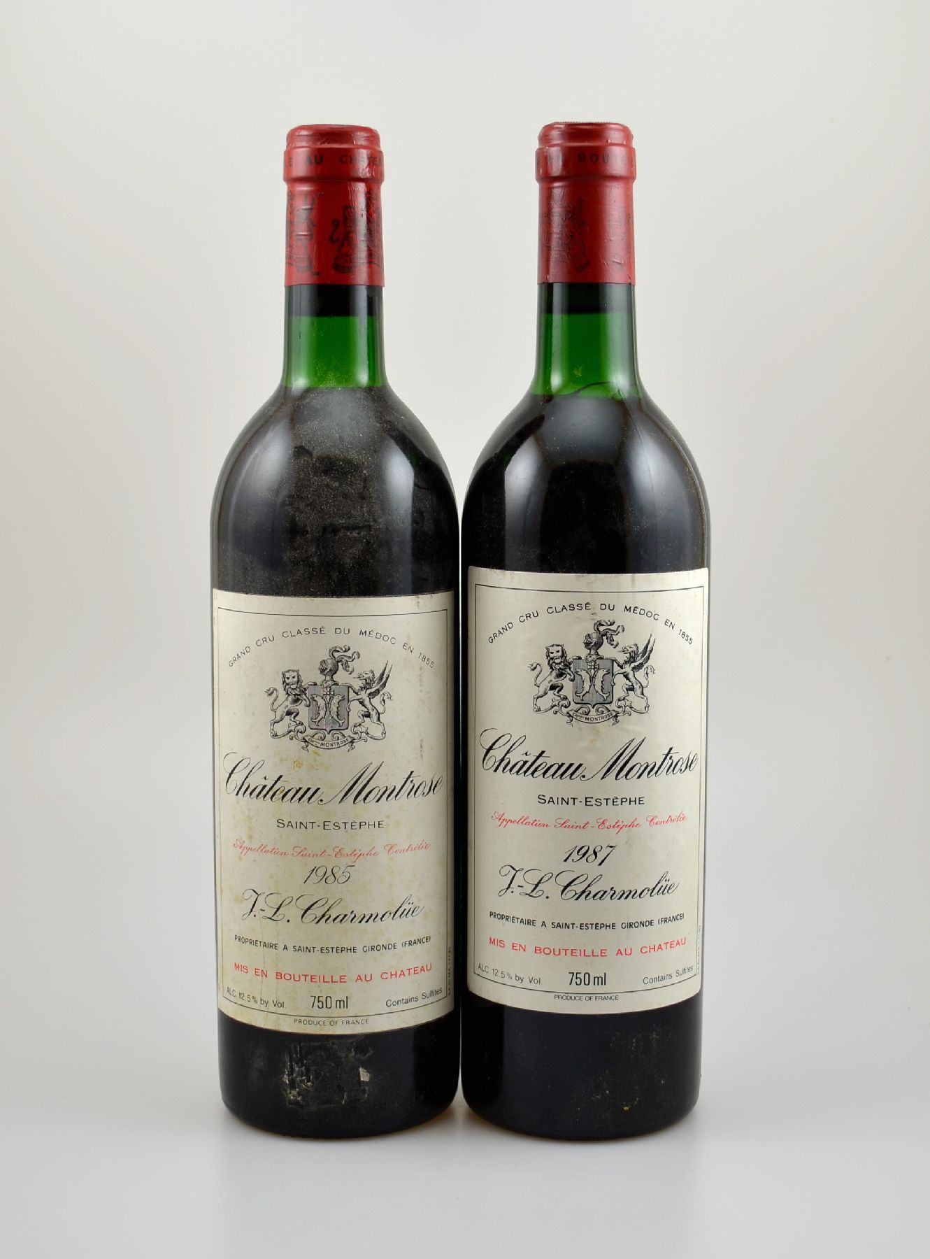 4 Flaschen Chateau Montrose, Jahrgänge: 1x 1985 & 3x 1987, Saint-Estephe, je ca. 75 cl, 12,5 % Vol., Füllstände: ca. top shoulder bis into neck, ...