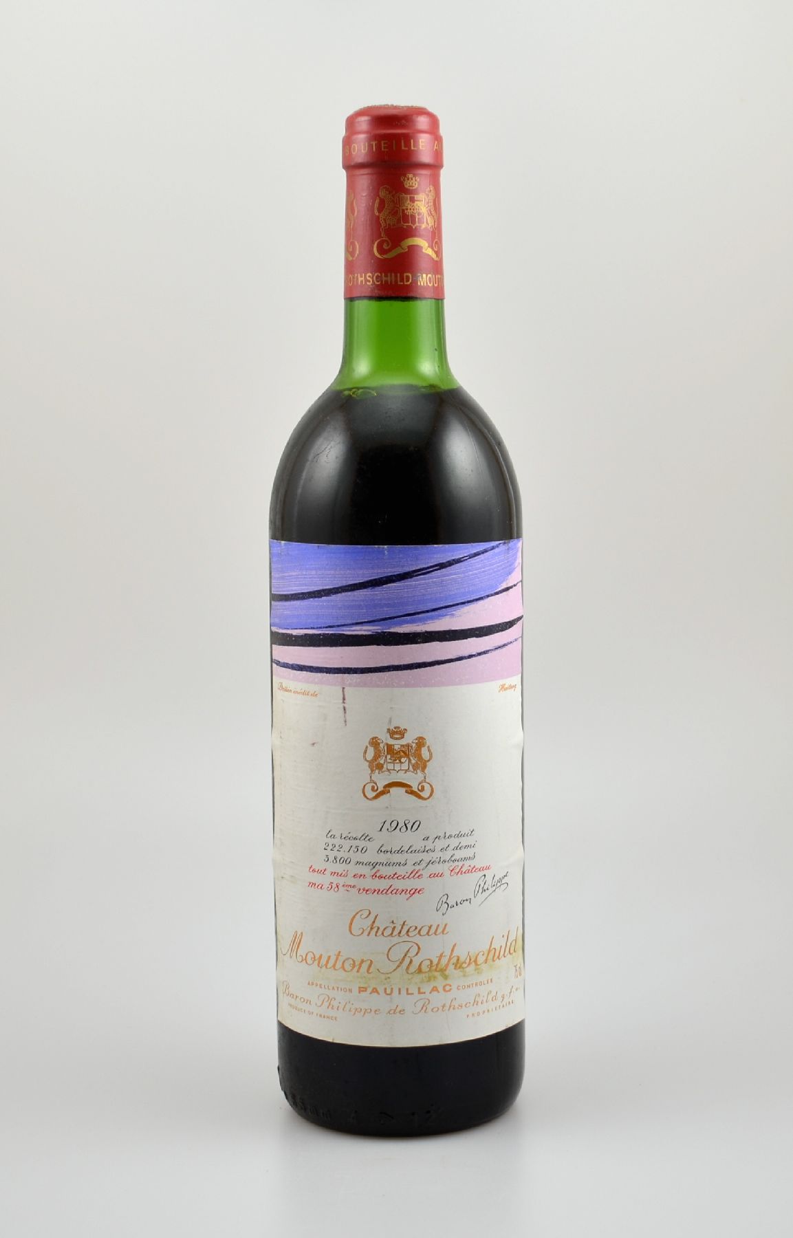 1 Flasche 1980 Chateau Mouton Rothschild, Pauillac, Premier Grand Cru Classe, ca. 75 cl., Füllstand: ca. top shoulder, unverkostet, Künstleretikett ...