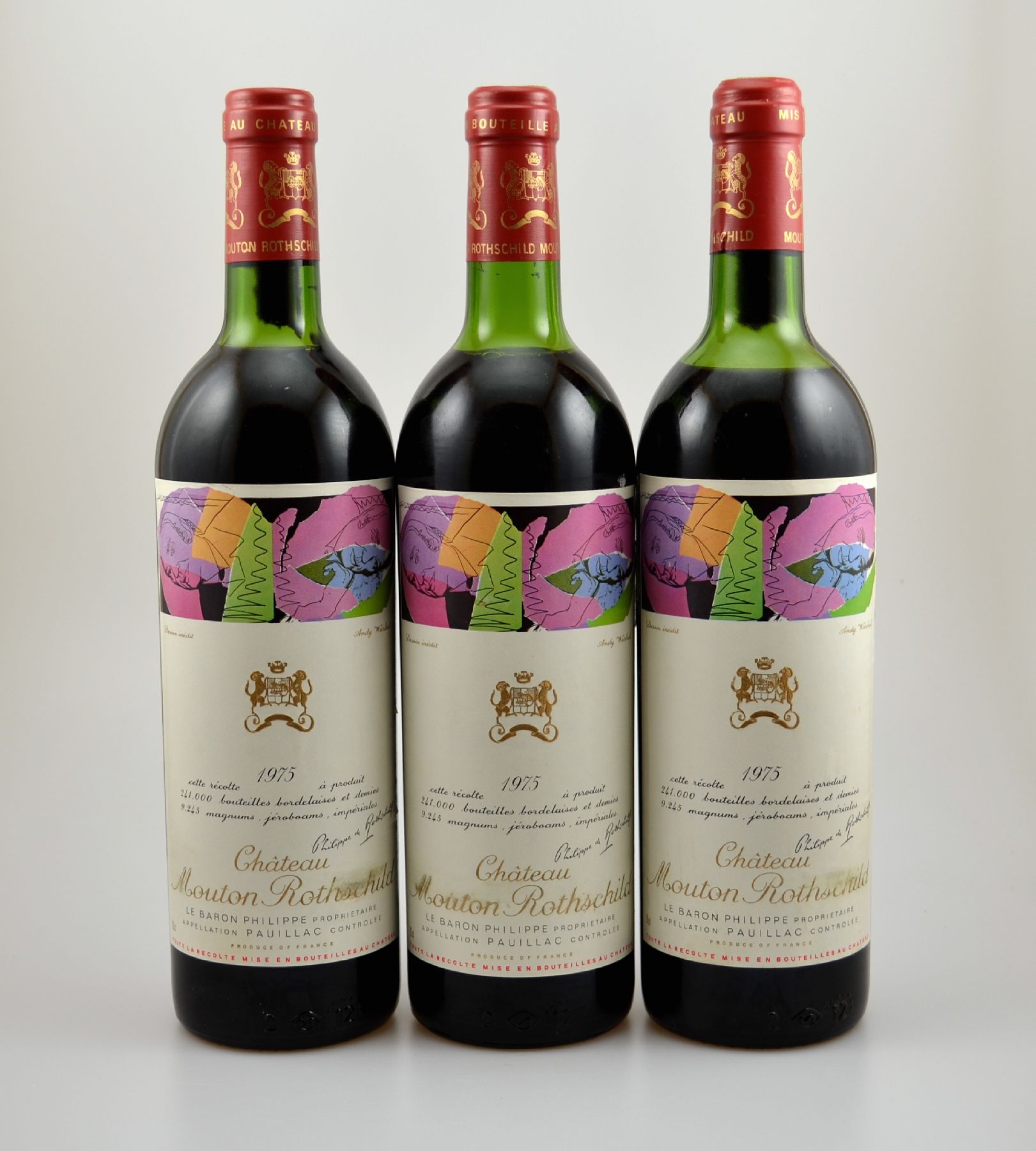 3 Flaschen 1975 Chateau Mouton Rothschild, Pauillac, je ca. 75 cl, Füllstände: upper mid shoulder bis top shoulder, unverkostet, Künstleretikett ...
