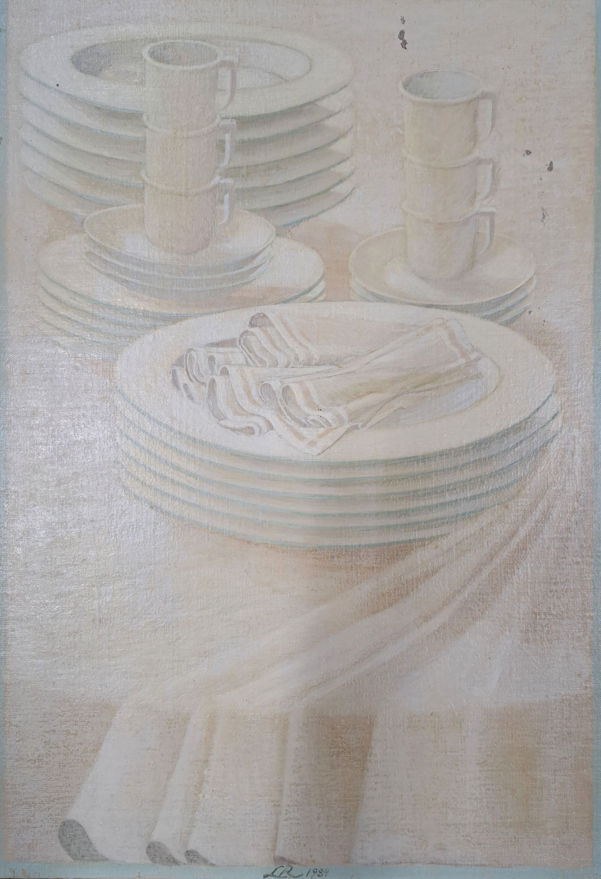 Detail k: Lutz Raffel, geb. 1943 Ostpreußen, Öl/Lwd, Stilleben " Geschirr" in weiß, Mitte unten sign., und dat., ca. 59x41 cm, l. beschädigt