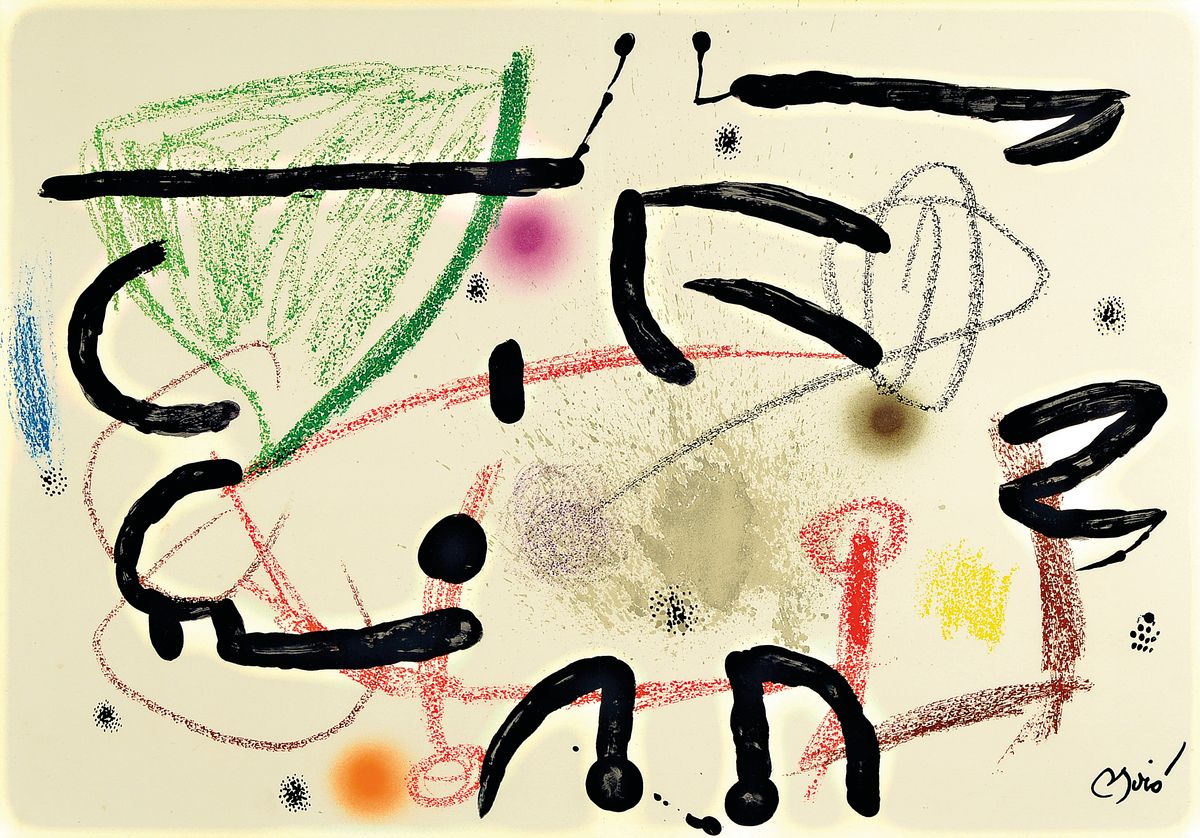 Joan Miro , 1893-1983, Konvolut aus Serie Maravillas con variacoiones acrosticas en el Jardin de Miro, Mappe mit 8 Lithografien, und 4 gerahmte ...