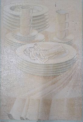 25849264k - Lutz Raffel, geb. 1943 Ostpreußen, Öl/Lwd, Stilleben ´ Geschirr´ in weiß, Mitte unten ...