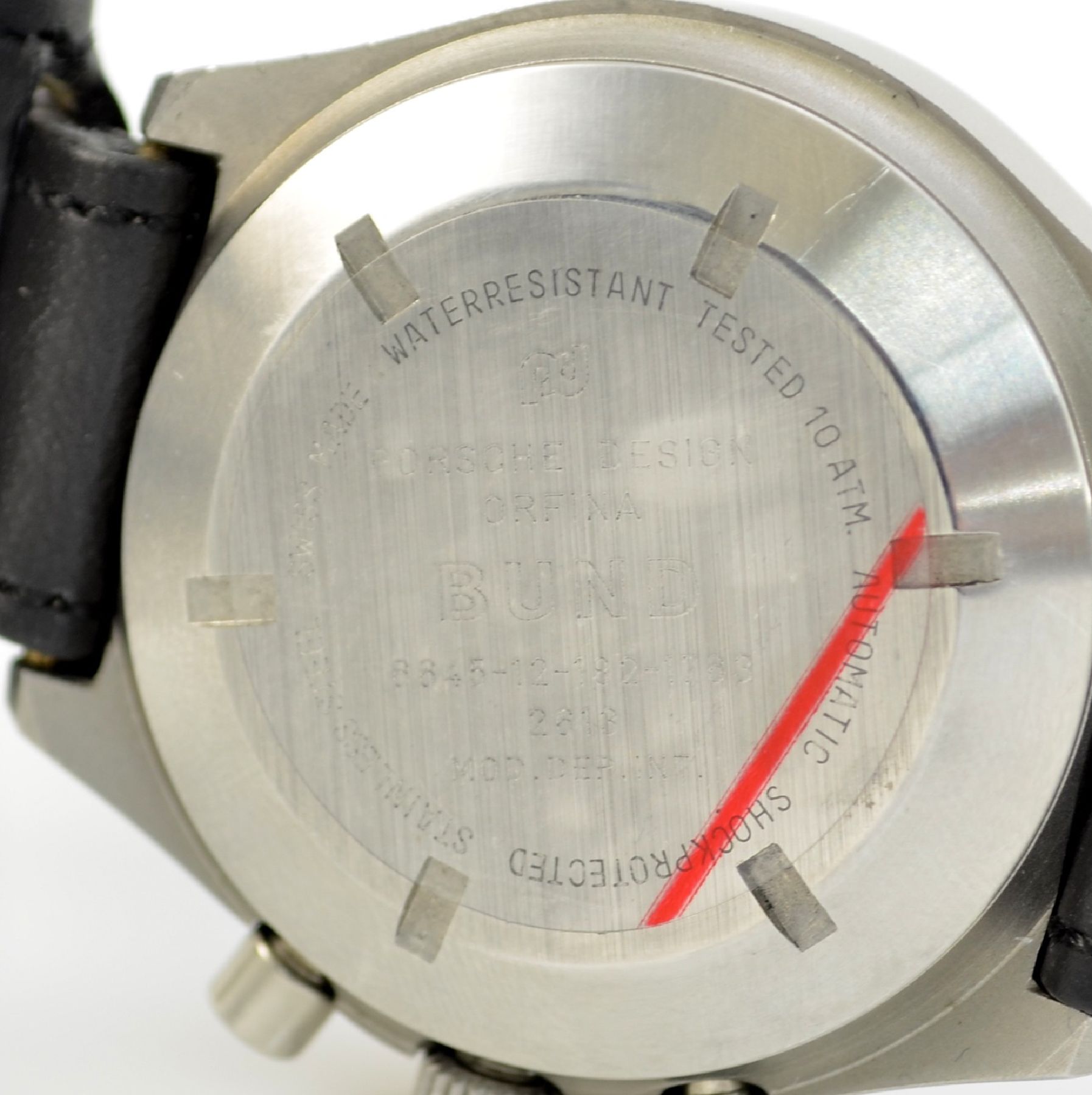 Detail g: PORSCHE DESIGN Orfina Flieger-Chronograph der Bundeswehr mit original Box & Anleitung, Schweiz um 1980, matt. Geh., Krone & Boden verschr., Vers.-Nr. ...
