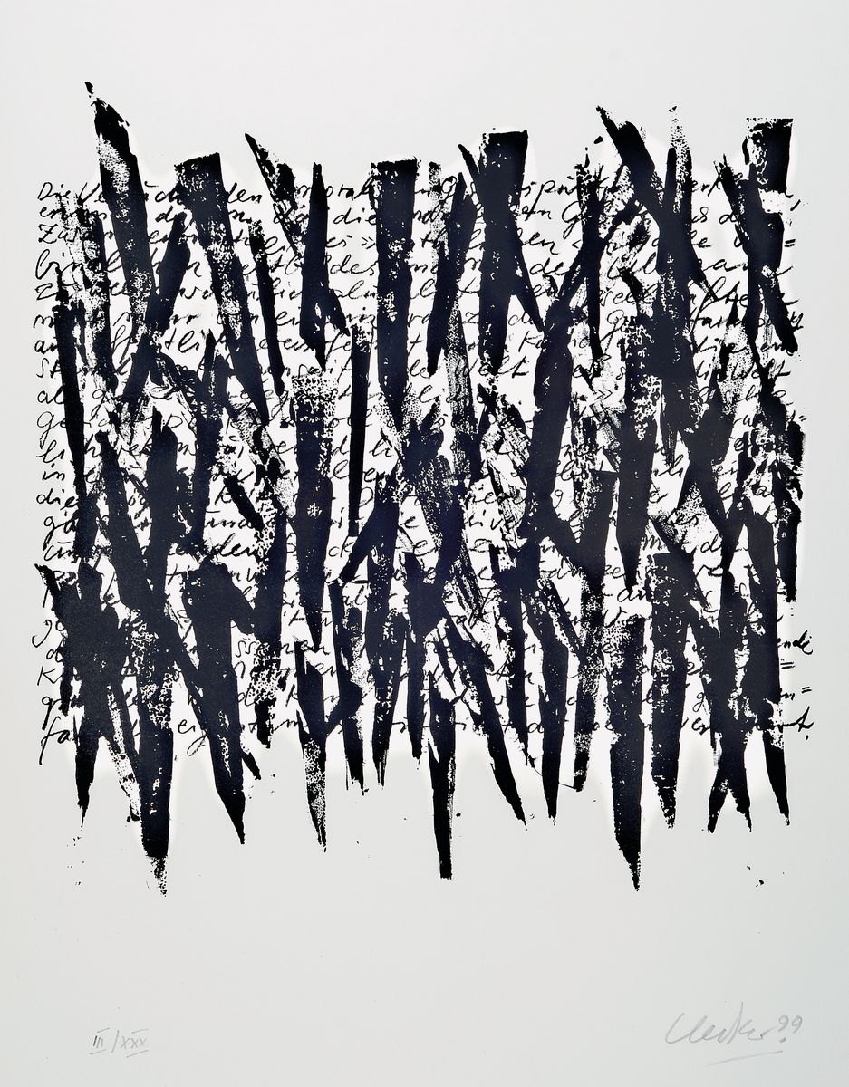Günther Uecker, geb. 1930, Wort-Schrift-Zeichen, Grafik, signiert und, dat. 99, num. III/XXX, 74.5 x 55 cm, unter Glas, Rahmen: 81 x 61 cm