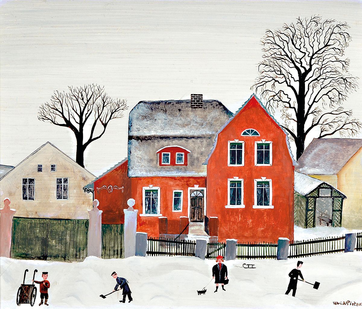 Ulrich Pietzsch, geb. 1937 Oberwartha, rotes Haus im Winter, Öl/Hartfaser, rechts unten signiert, ca. 26x30cm/40x45cm, R.