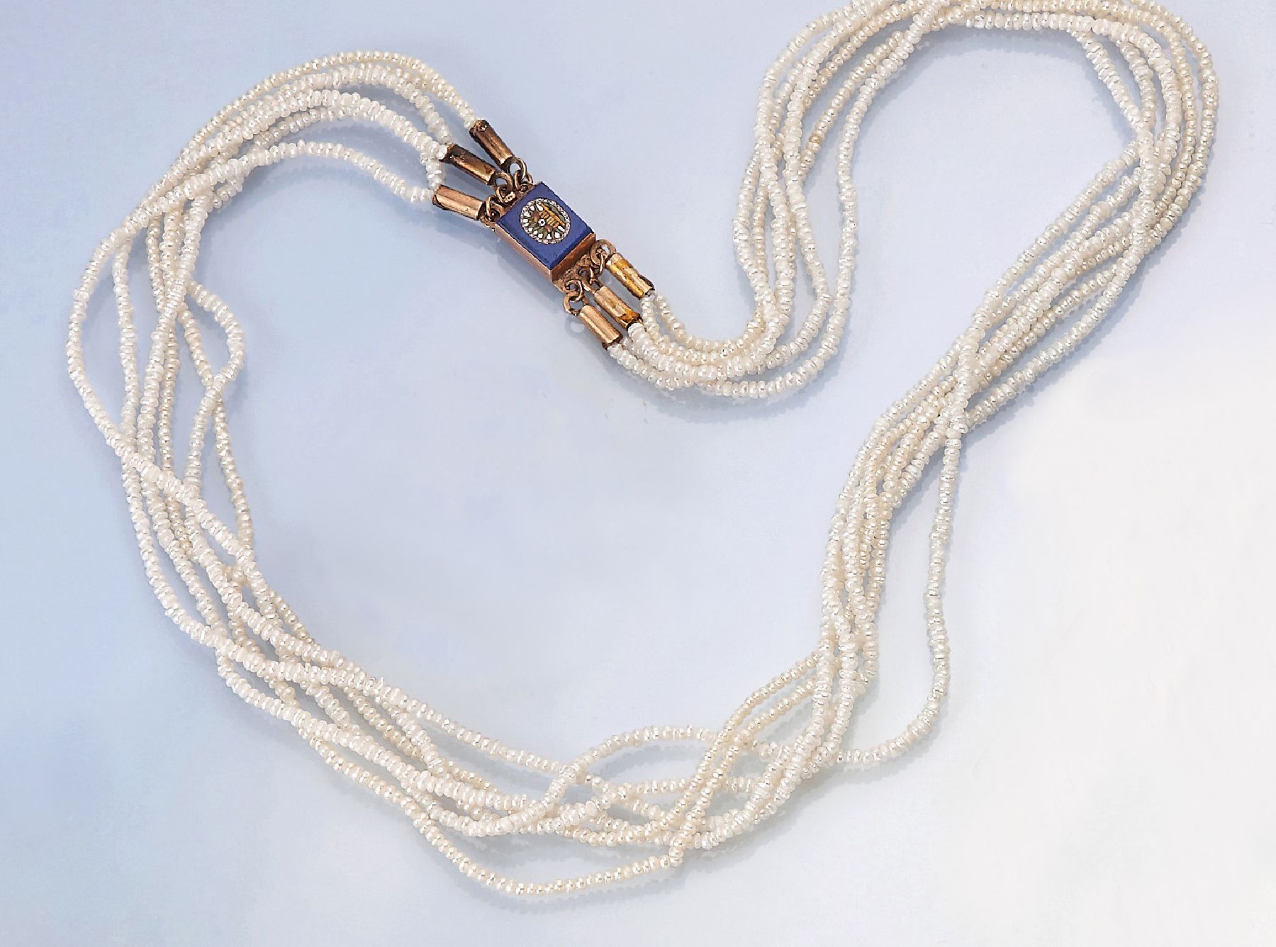 6-reihiges Saatperlchencollier, deutsch um 1900, Schließe Metall verg., mit Mikromosaik, L. ca. 40 cm
