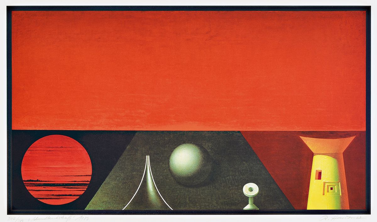 Rudolf Hausner, 1914-1995, Abendlandschaft, Farblithographie von 1982, handsigniert, betitelt und num. 246/300, ca. 41x72cm, PP, u.Gl., R. ca. ...