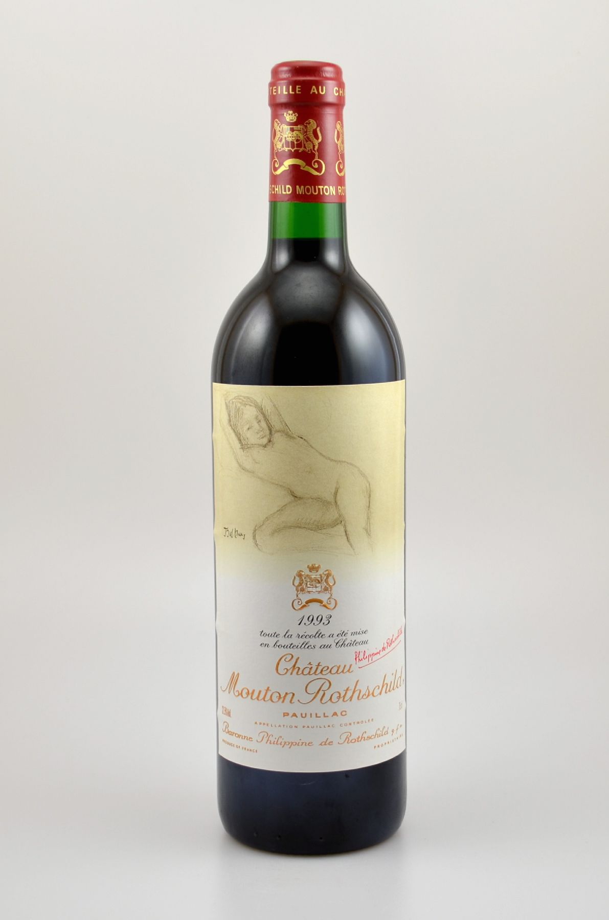 1 Flasche 1993 Chateau Mouton Rothschild, Pauillac, Premier Grand Cru Classe, ca. 75 cl, 12,5 % Vol., Füllstand: into neck, hervorragender ...