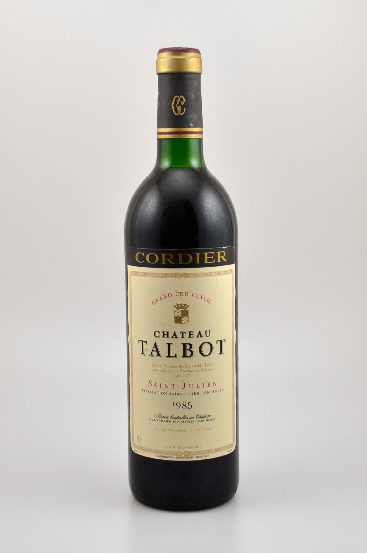 1 Flasche 1985 Chateau Talbot, Saint-Julien, ca. 75 cl, Füllstand: ca. top shoulder, guter Erhaltungszustand, unverkostet, Provenienz: Aus einer ...
