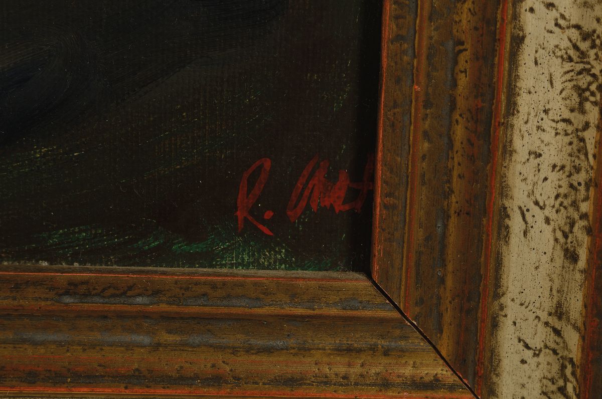 Detail a: Rudolf Arzt, Maler und Graphiker aus Bad Homburg, Mitte 20. Jh., hier: Kaiser- Wilhelm Bad in Bad Homburg von der Höhe mit zwei Reitern, ...