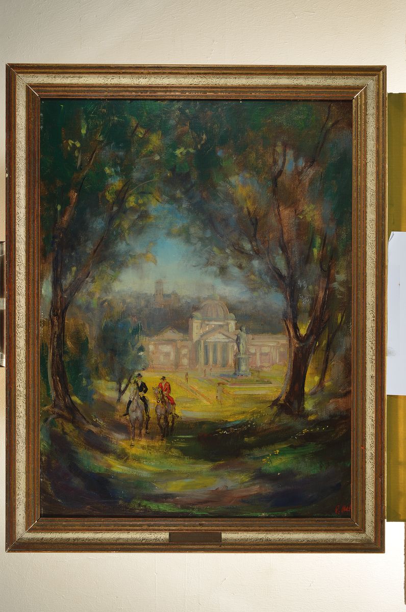 Detail k: Rudolf Arzt, Maler und Graphiker aus Bad Homburg, Mitte 20. Jh., hier: Kaiser- Wilhelm Bad in Bad Homburg von der Höhe mit zwei Reitern, ...