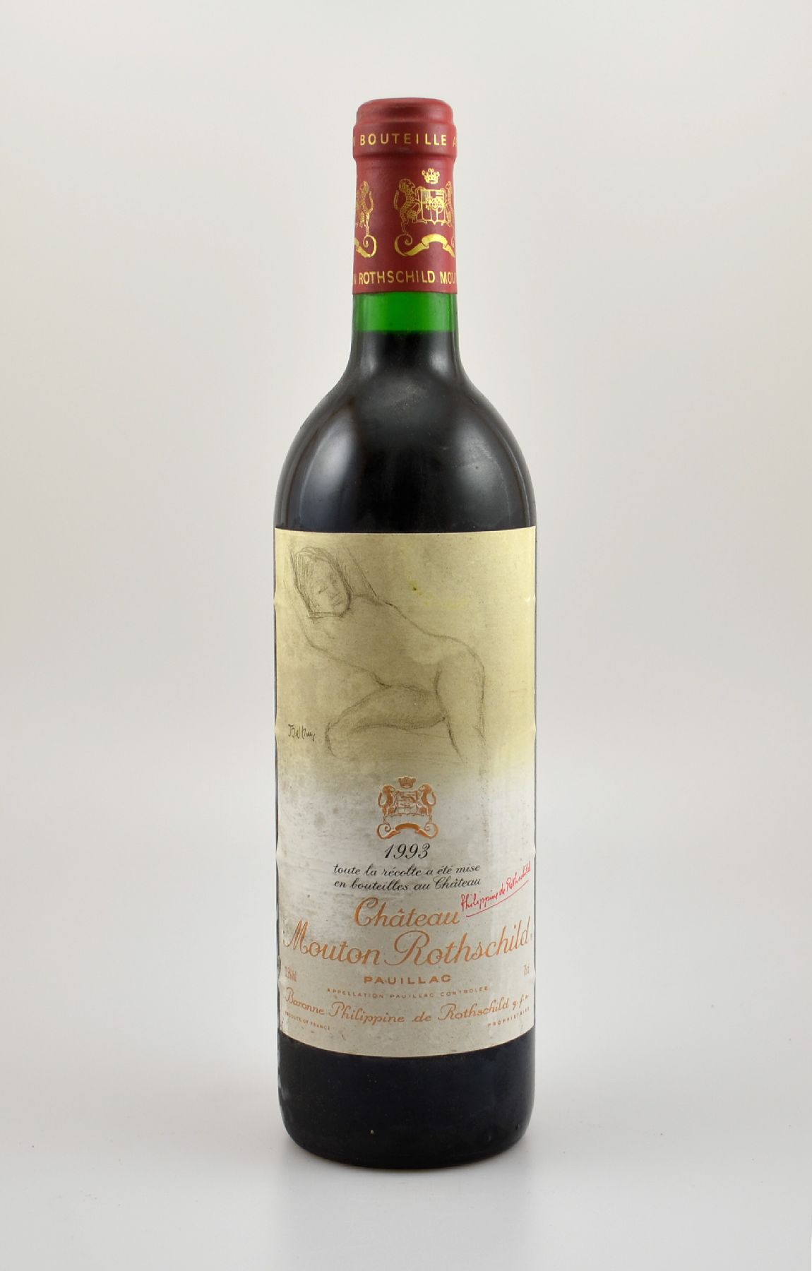 1 Flasche 1993 Chateau Mouton Rothschild, Pauillac, Premier Grand Cru Classe, ca. 75 cl, 12,5 % Vol., Füllstand: into neck, Etikett l. beschmutzt, ...