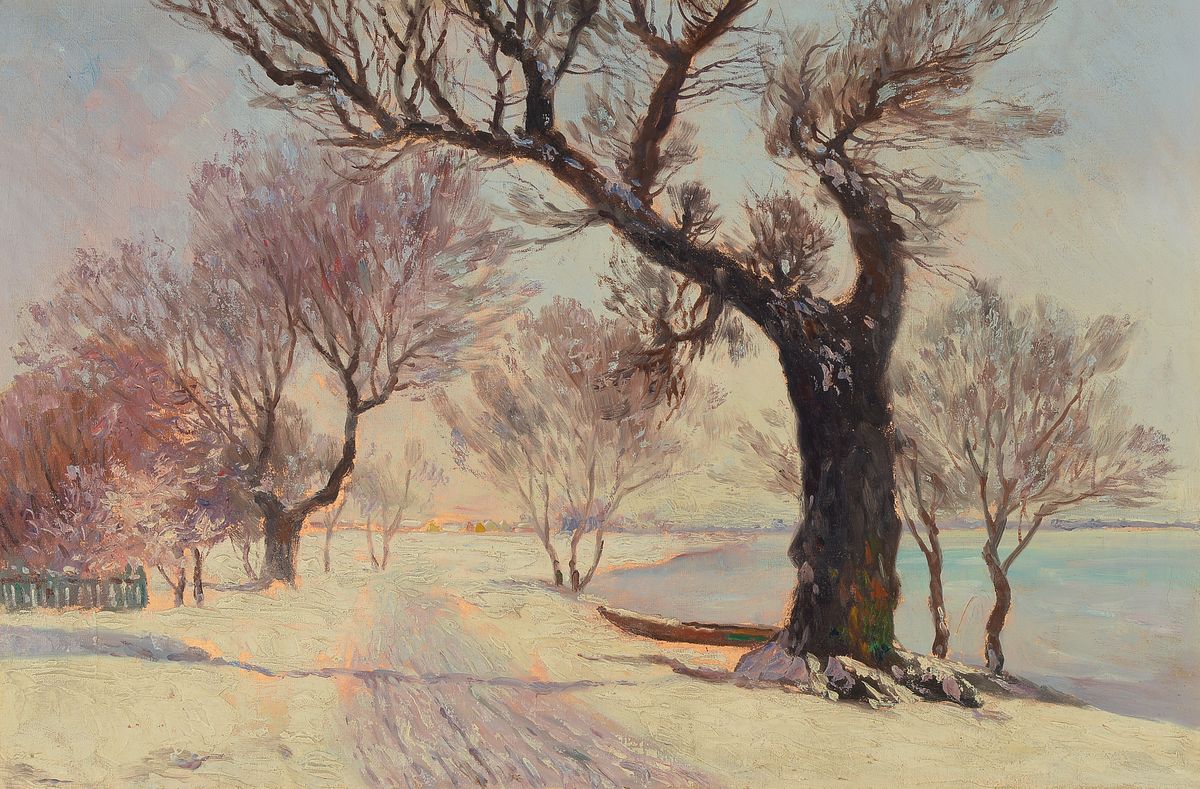 Viggo (Christian Frederik Vilhelm) Pedersen, 1854 Kopenhagen-1926 Roskilde, Verschneite Landschaft am Seeufer, Öl/Lwd, rückseitig signiert und ...