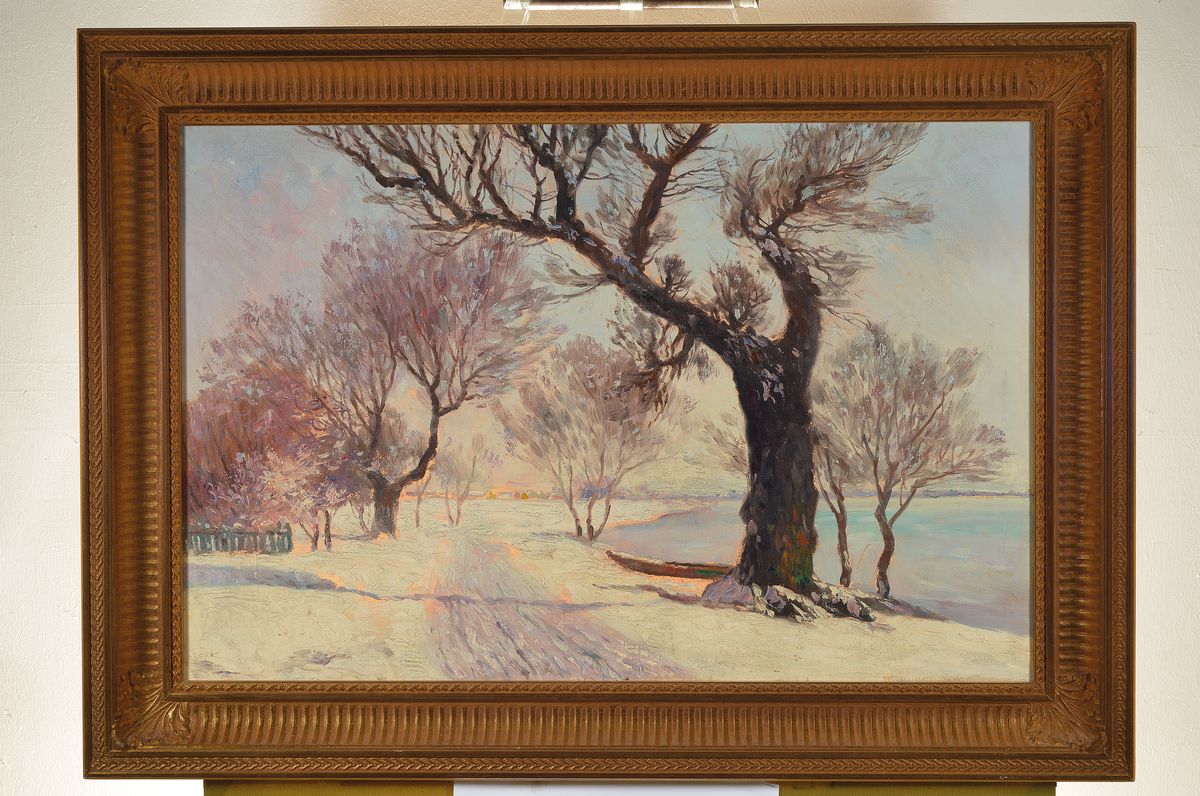 Detail k: Viggo (Christian Frederik Vilhelm) Pedersen, 1854 Kopenhagen-1926 Roskilde, Verschneite Landschaft am Seeufer, Öl/Lwd, rückseitig signiert und ...