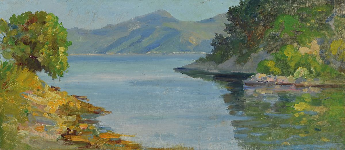 Hermine von Janda, 1854 Klosterbruck-1925 Wien, Salzkammergutsee, rückseitig auf dem Künstleretikett so betitelt, Öl/Lwd, ca. 22x48cm, Werknummer ...