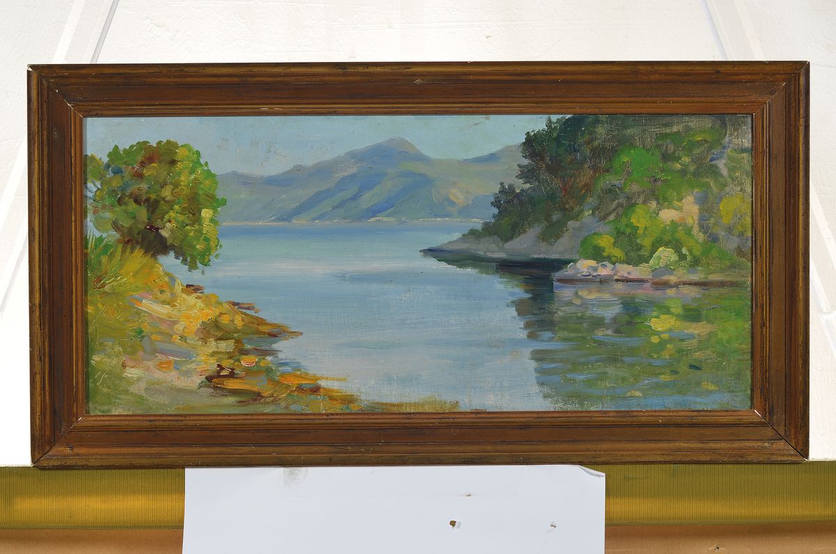 Detail k: Hermine von Janda, 1854 Klosterbruck-1925 Wien, Salzkammergutsee, rückseitig auf dem Künstleretikett so betitelt, Öl/Lwd, ca. 22x48cm, Werknummer ...