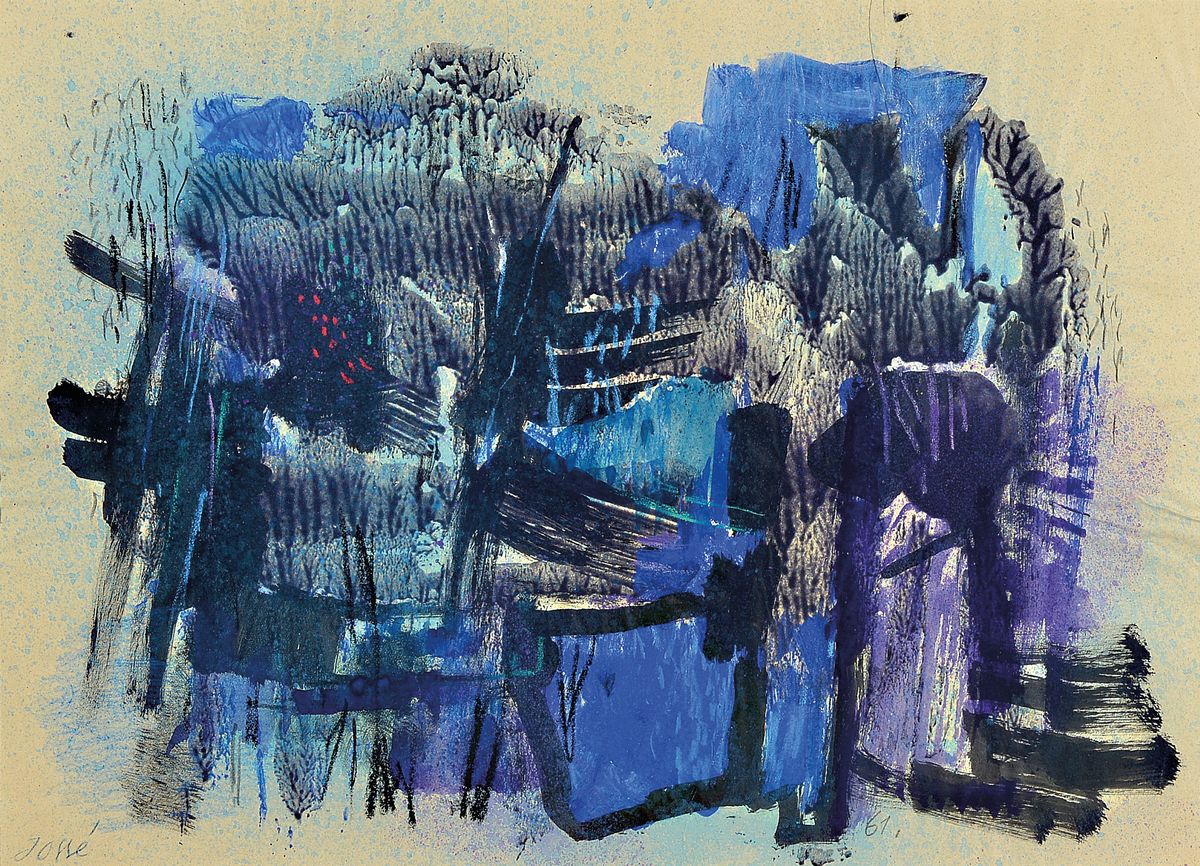 Friedrich Jossé, 1897 Wolfstein-1994 Speyer,blauer Korallenstock, Gouache von 1961, Mischtechnik auf dünnem Papier, signiert und dat., ca. 28x40cm, ...