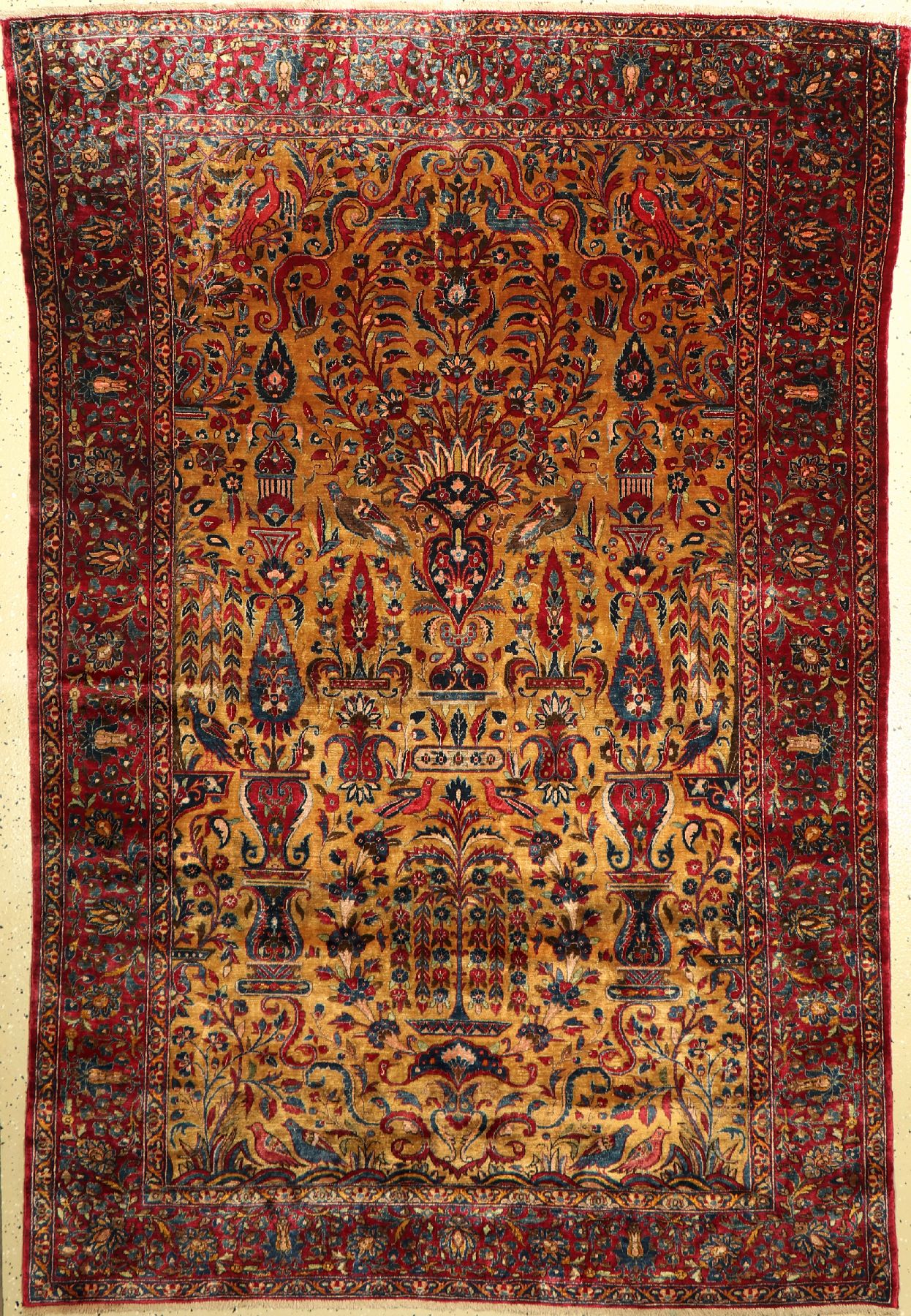 Gelber Seiden Keschan antik, Persien, 19.Jhd., reine Naturseide, ca. 200 x 132 cm, EHZ: 3, (Genähte Risse)