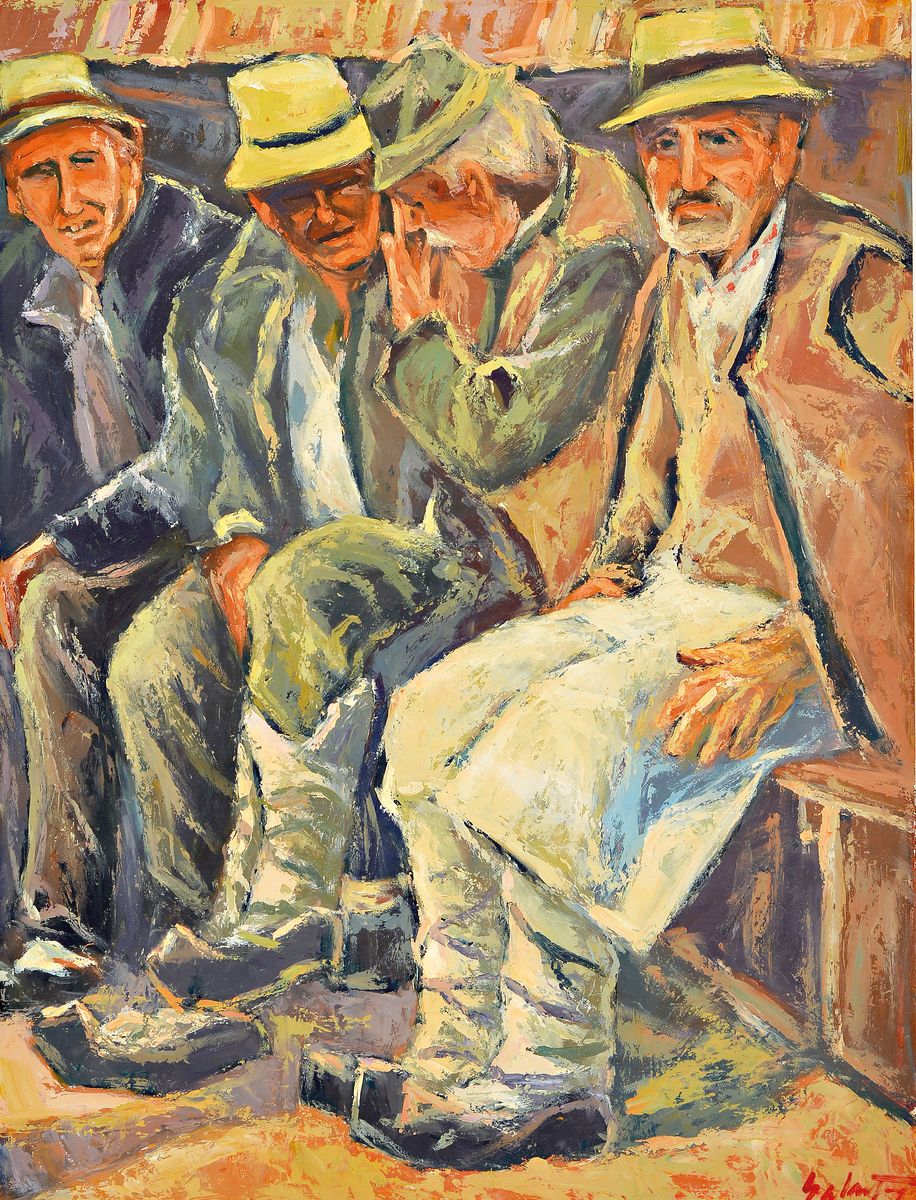 Virgil Salantiu, rumänischer Künstler, 20. Jh., zwei Pendants, Bäuerinnen bzw. Bauern nach getaner Arbeit im Gespräch, Öl/Platte, re. u. ...