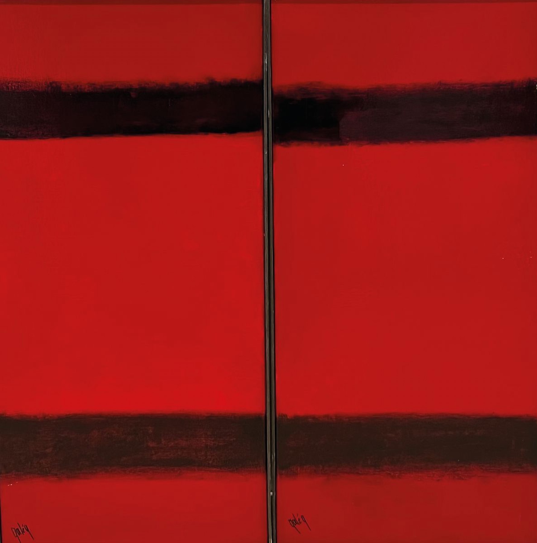 Gaston Gale, zeitgenössischer Belgischer Künstler, 2 Pendants in Rot, Öl/Lwd, links unten sign., je sign., 102x51 cm, Leisten, beide Pendants ...
