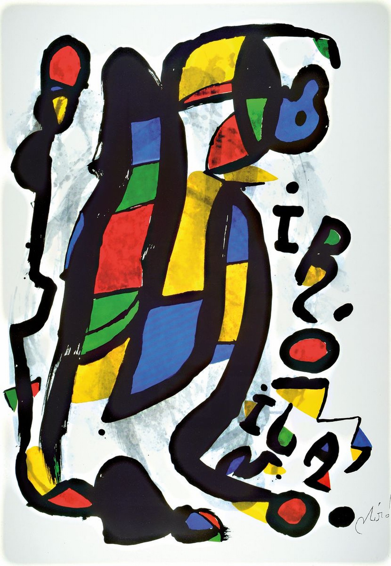 Joan Miro, 1893-1983, Offset-Lithographie, re. u. sign., unter Glas gerahmt, gesamt ca. 107x77 cm, verschmutzt, R. beschädigt