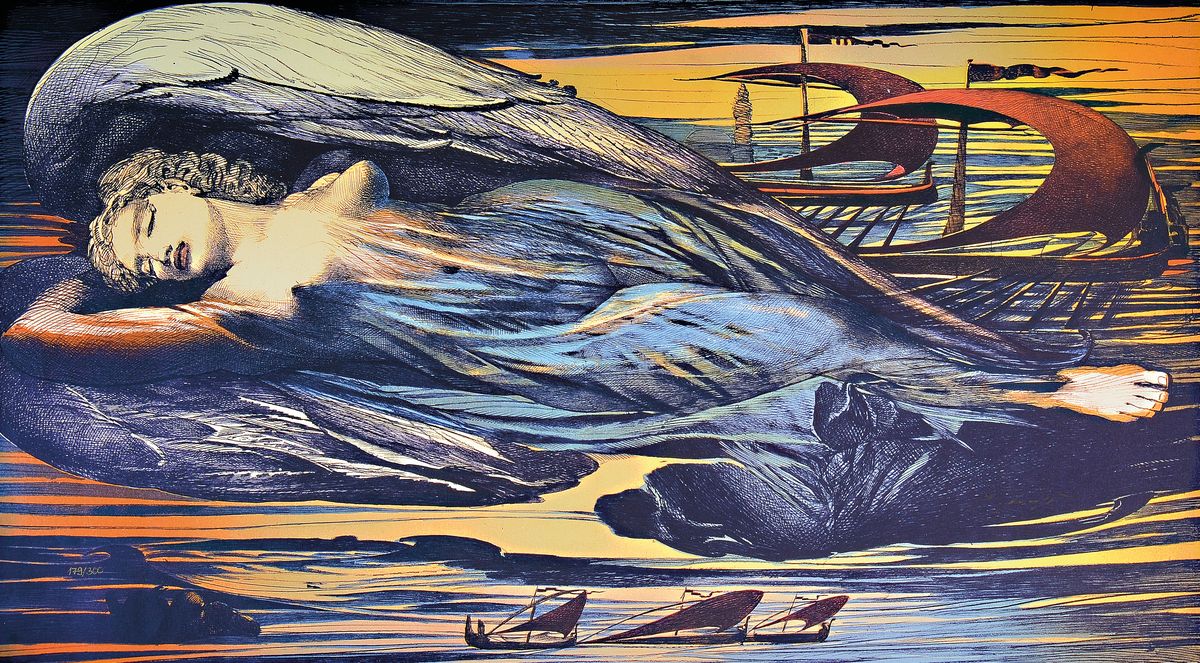 Ernst Fuchs, 1930-2015, Engel über Wien, Giclee auf Lwd, handsign., num. 179/300, ca. 61x105,5 cm, am Rand leichte Flecken und Knicke zusehen